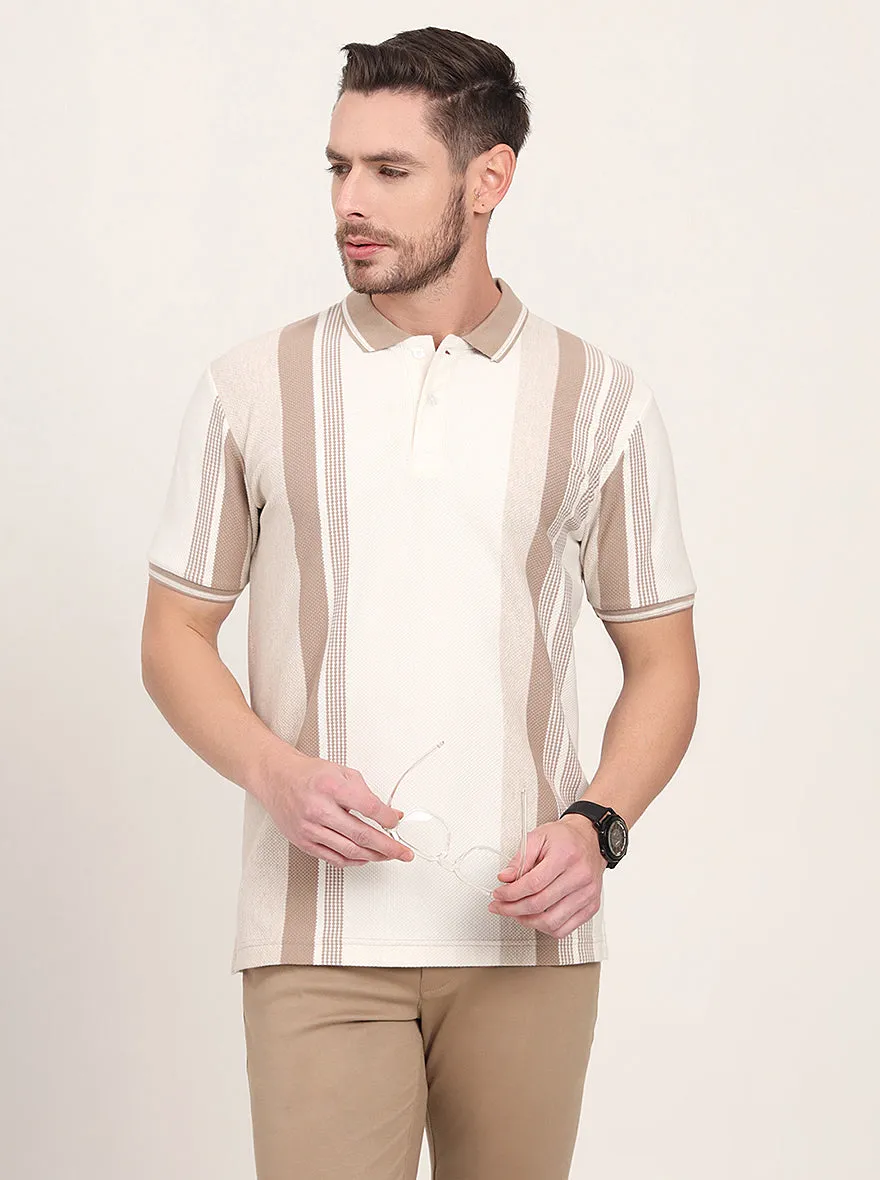 Ecru Melange & Beige Striped Slim Fit Polo T-Shirt | JadeBlue