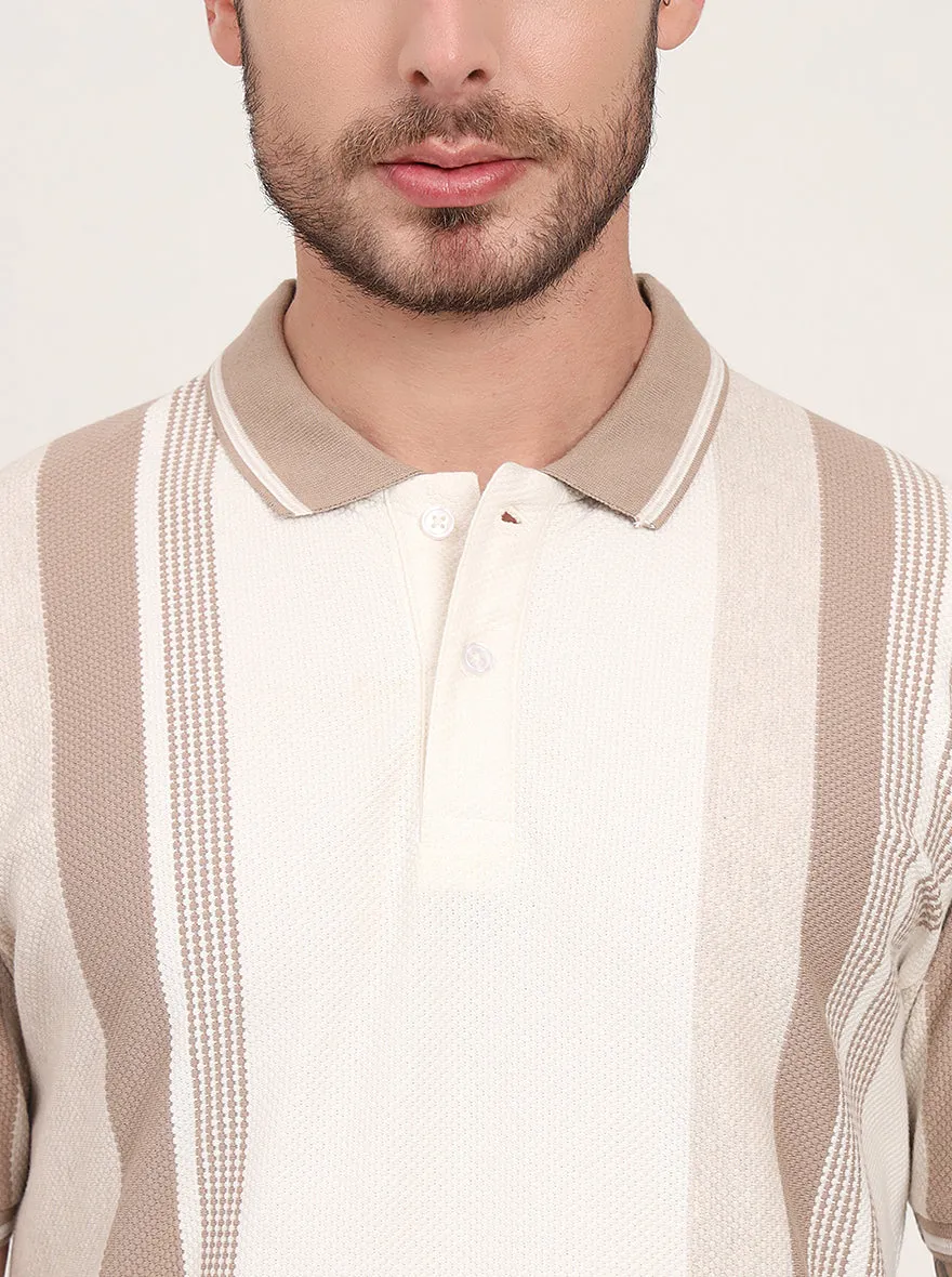 Ecru Melange & Beige Striped Slim Fit Polo T-Shirt | JadeBlue