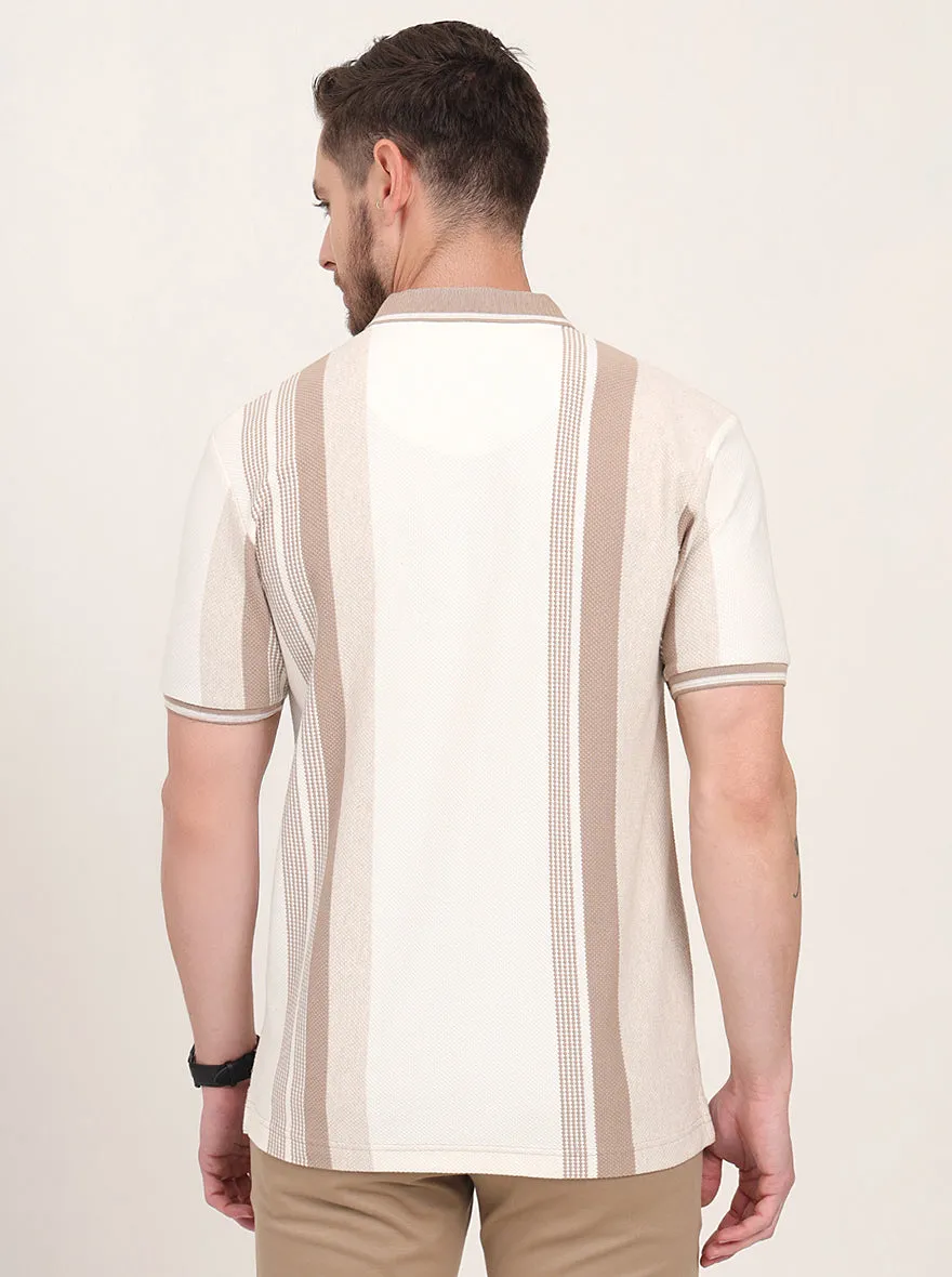 Ecru Melange & Beige Striped Slim Fit Polo T-Shirt | JadeBlue