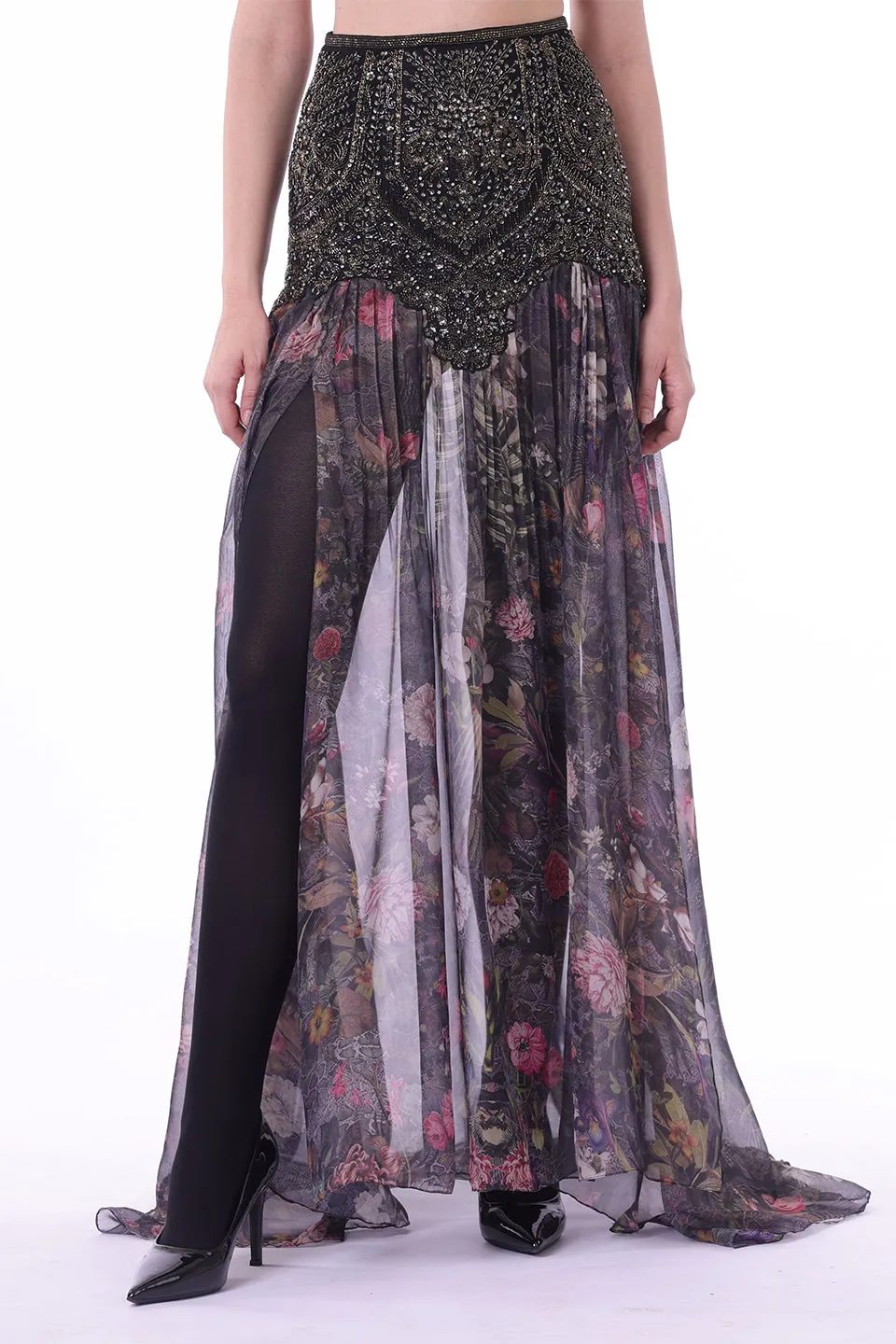 Embroidered sheer long skirt