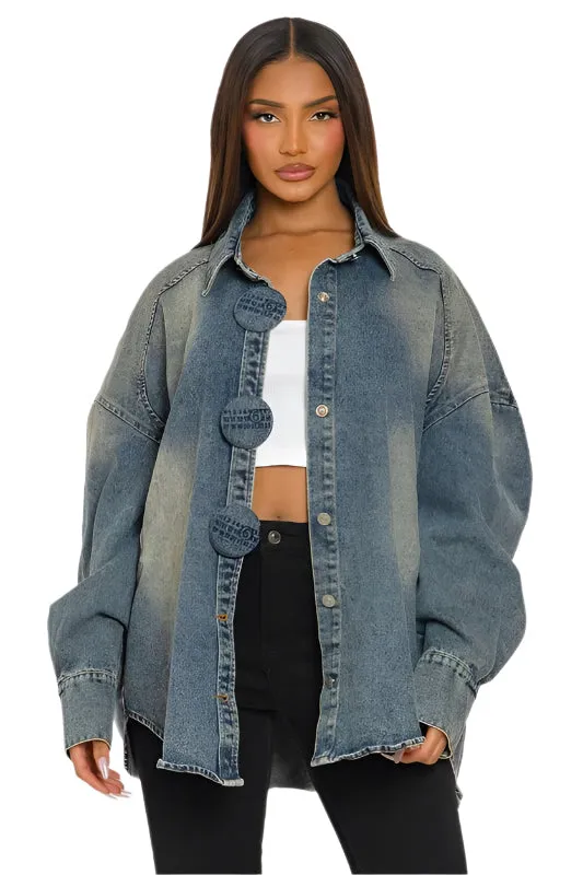 Fade Denim Shirt Jacket w/ ‘Numbers’ Detail