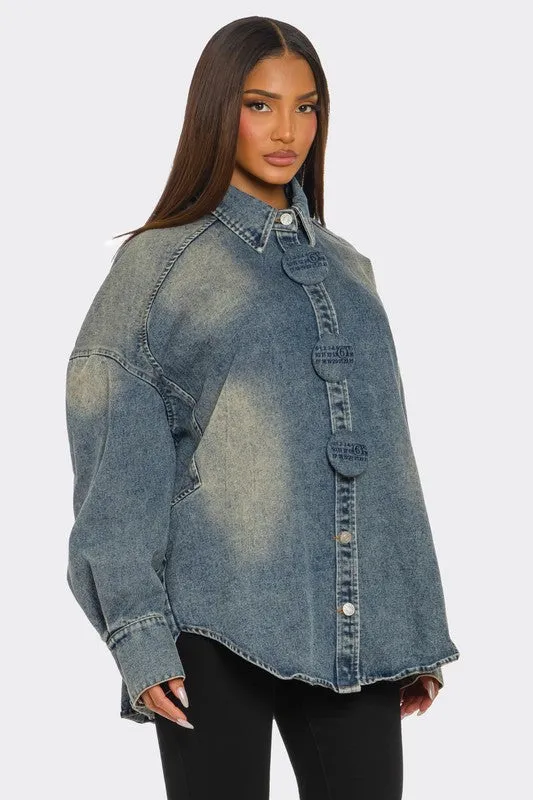 Fade Denim Shirt Jacket w/ ‘Numbers’ Detail