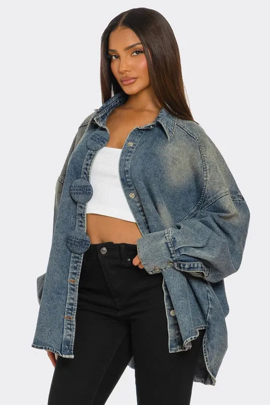 Fade Denim Shirt Jacket w/ ‘Numbers’ Detail