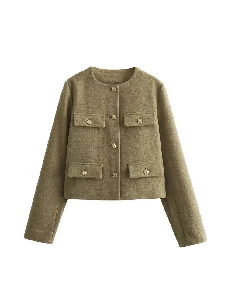 Flap Pocket Crop Jacket Women Vintage O Neck Long Sleeve Versatile Female Blazer