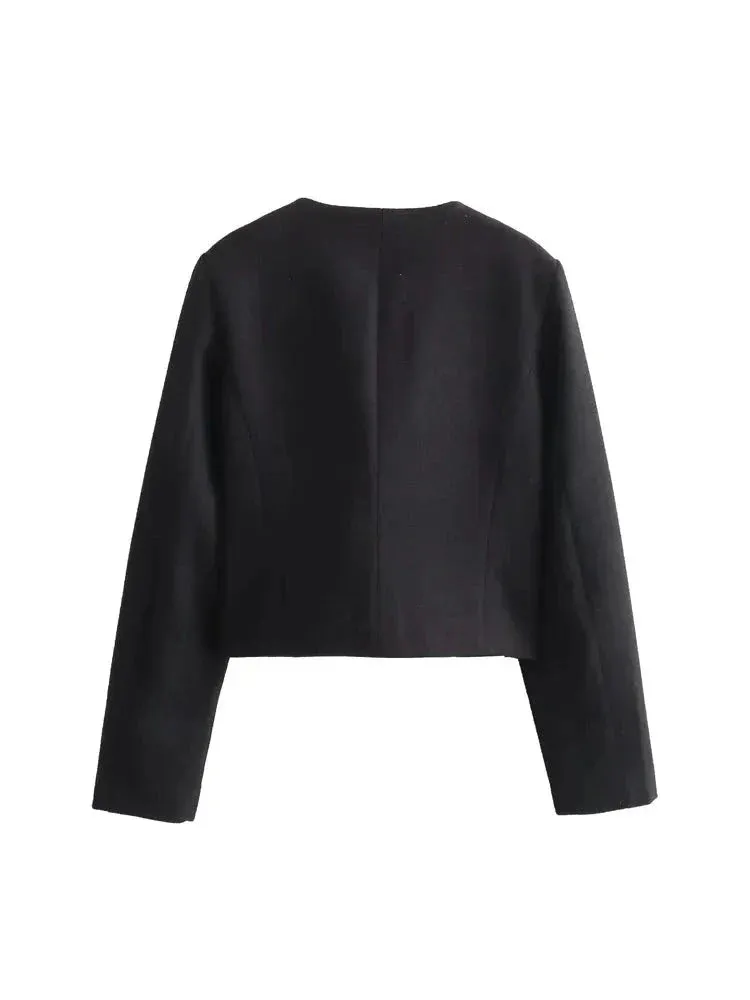 Flap Pocket Crop Jacket Women Vintage O Neck Long Sleeve Versatile Female Blazer