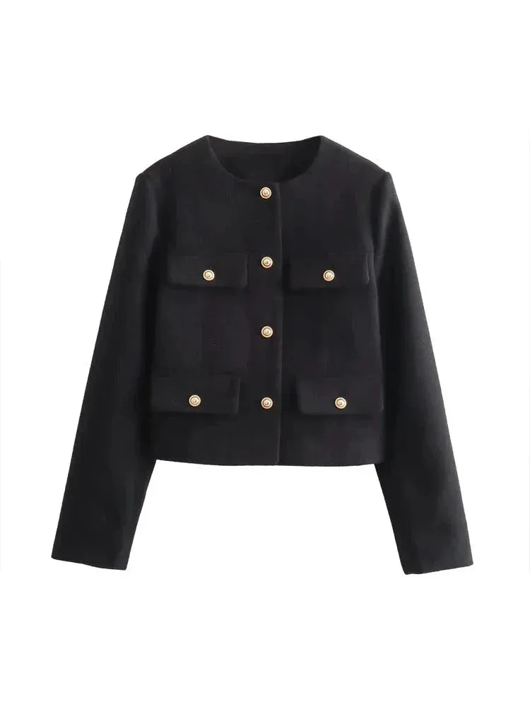 Flap Pocket Crop Jacket Women Vintage O Neck Long Sleeve Versatile Female Blazer