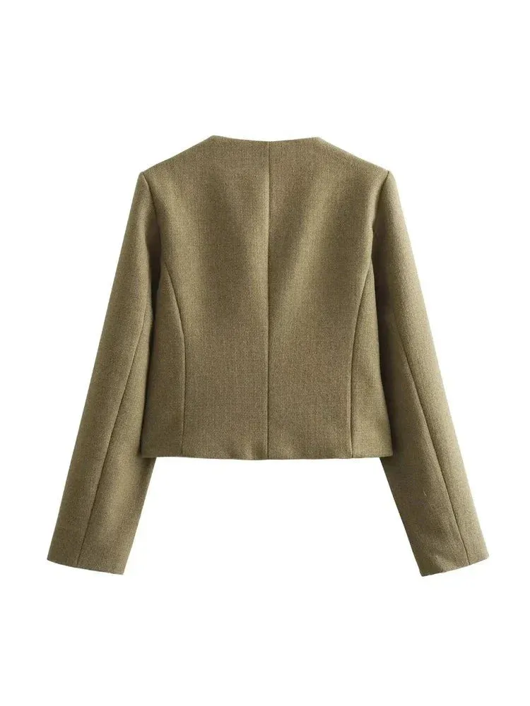 Flap Pocket Crop Jacket Women Vintage O Neck Long Sleeve Versatile Female Blazer