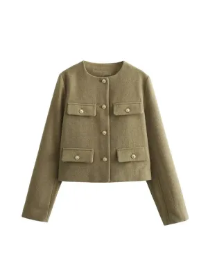 Flap Pocket Crop Jacket Women Vintage O Neck Long Sleeve Versatile Female Blazer
