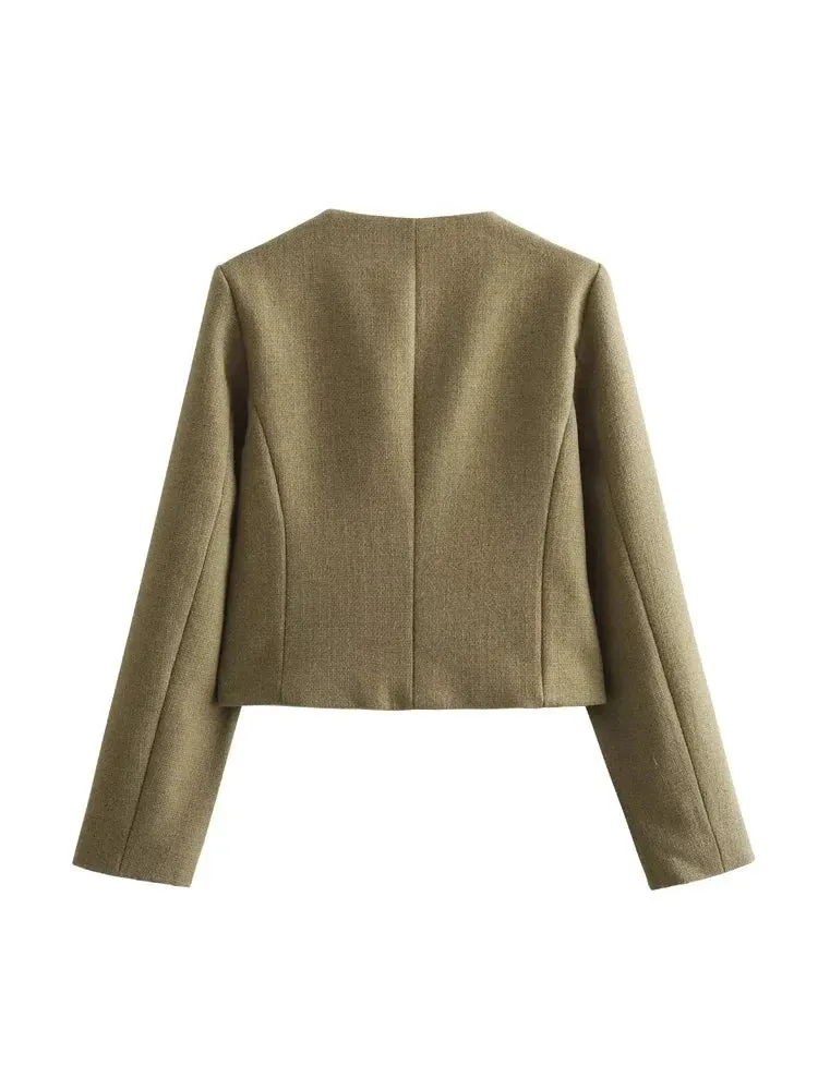 Flap Pocket Crop Jacket Women Vintage O Neck Long Sleeve Versatile Female Blazer