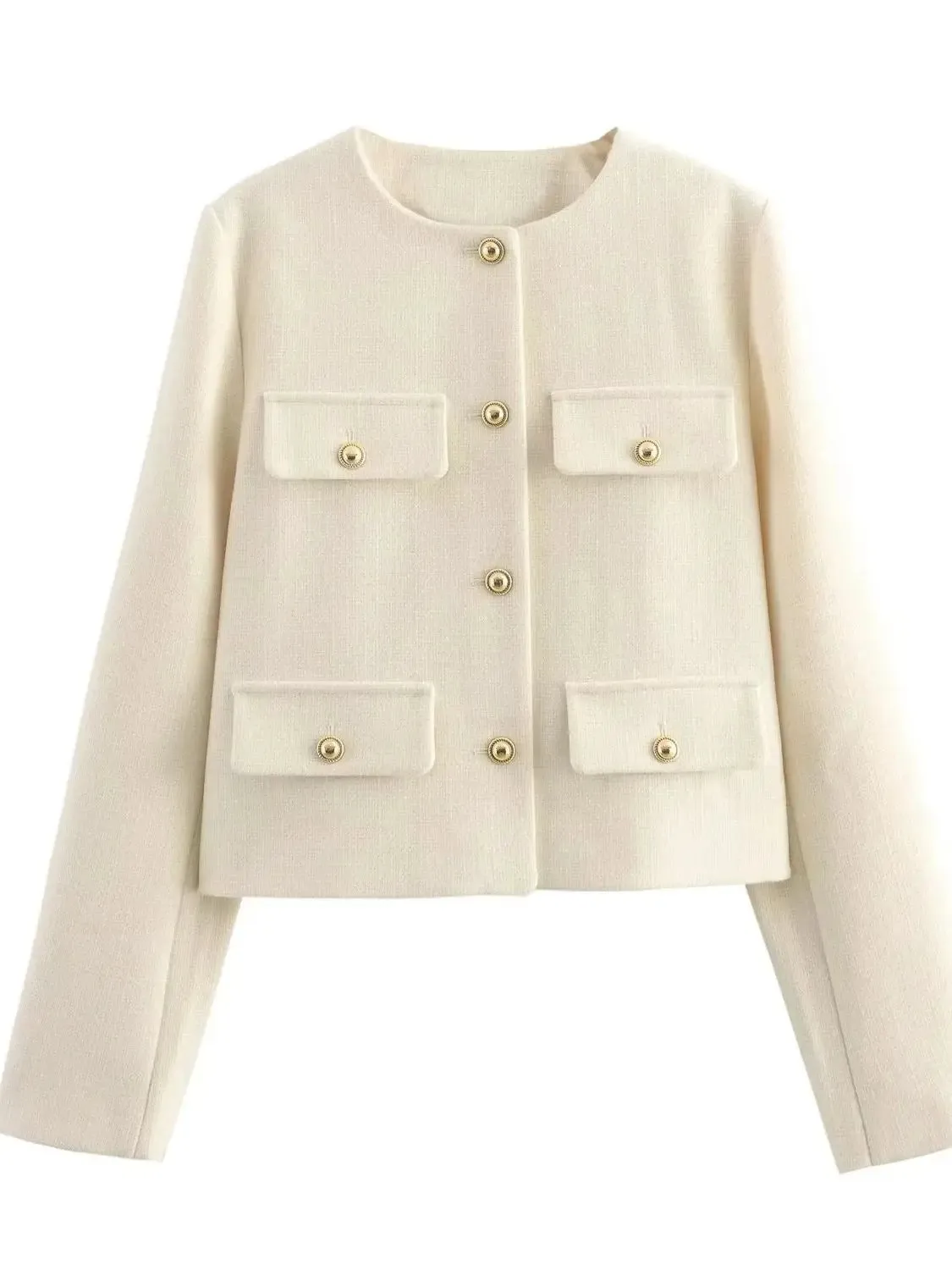 Flap Pocket Crop Jacket Women Vintage O Neck Long Sleeve Versatile Female Blazer