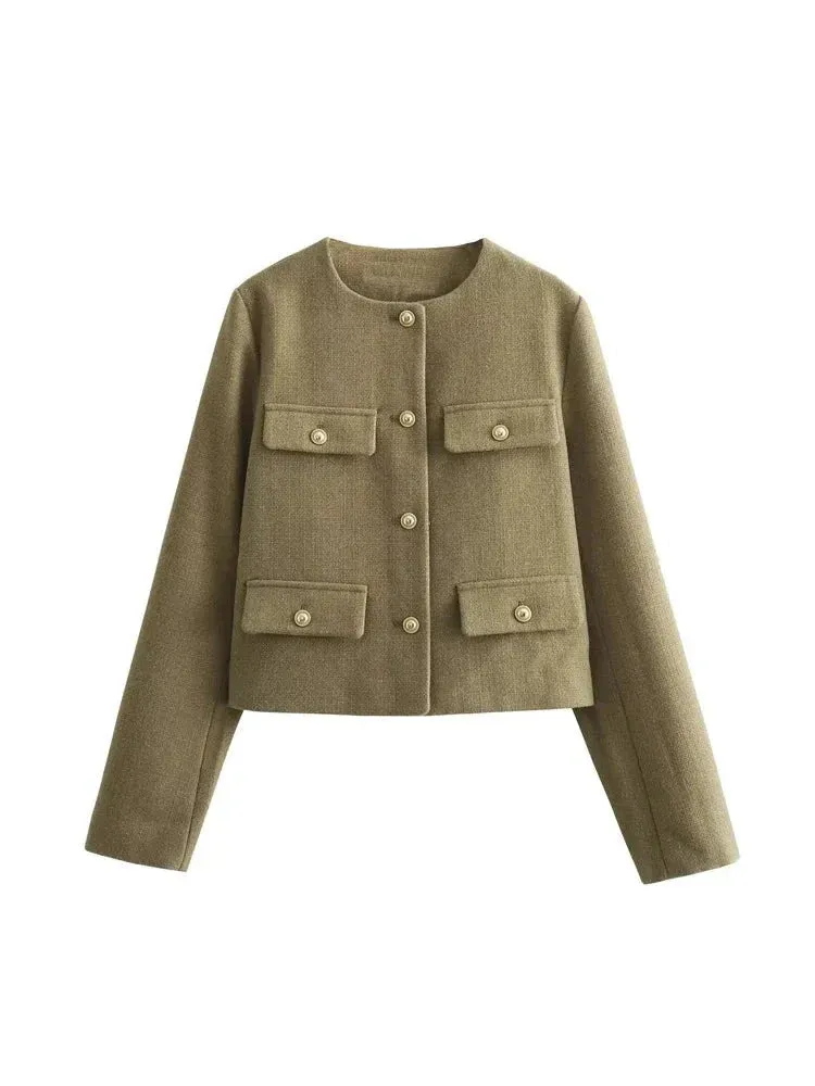 Flap Pocket Crop Jacket Women Vintage O Neck Long Sleeve Versatile Female Blazer