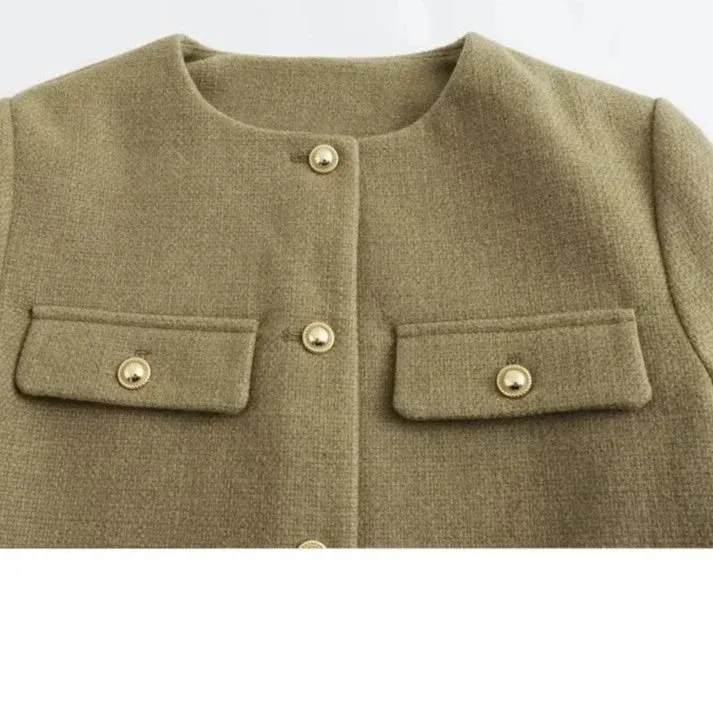 Flap Pocket Crop Jacket Women Vintage O Neck Long Sleeve Versatile Female Blazer