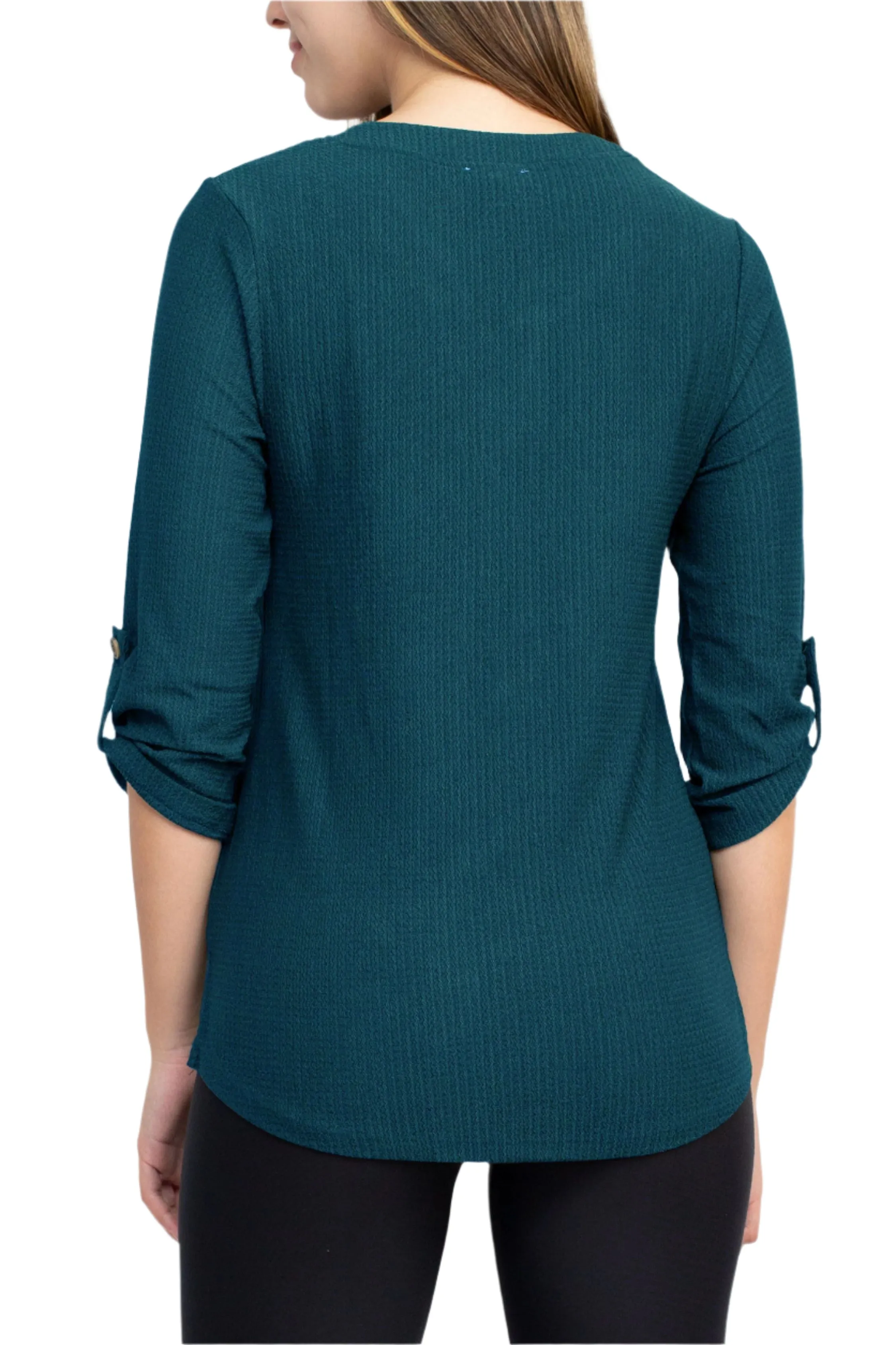 Floral   Ivy Notched Button Down 3/4 Sleeve Solid Knit Top with Front Pocket