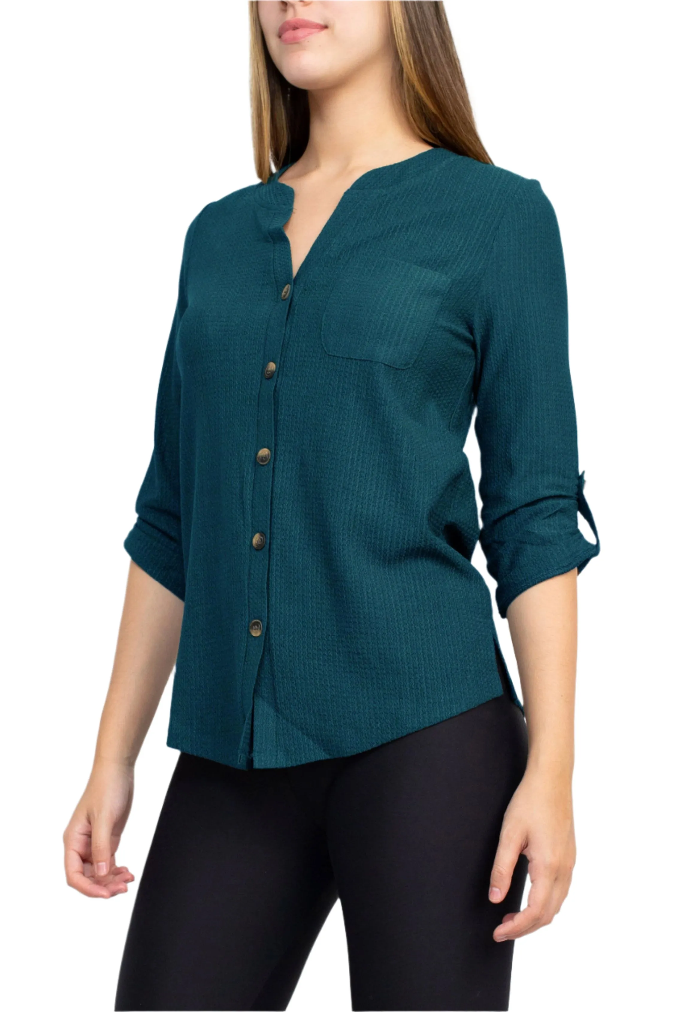 Floral   Ivy Notched Button Down 3/4 Sleeve Solid Knit Top with Front Pocket