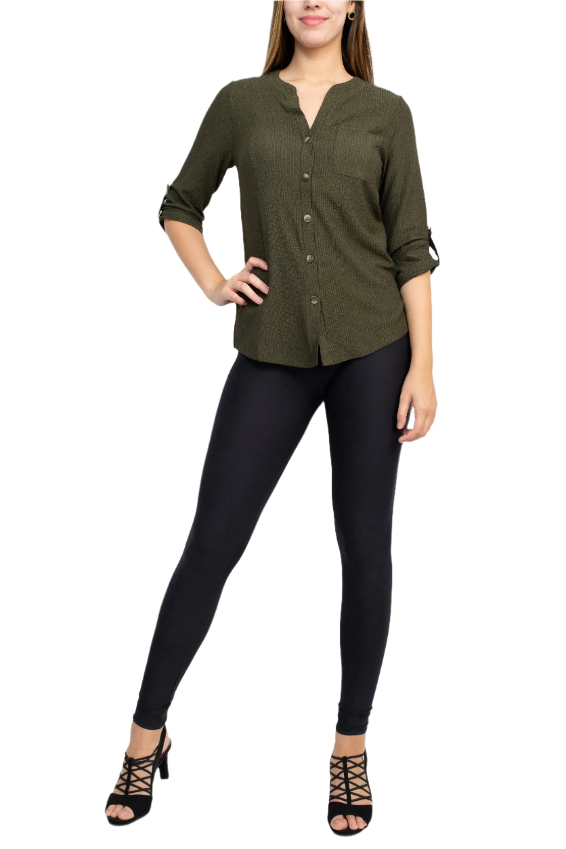 Floral   Ivy Notched Button Down 3/4 Sleeve Solid Knit Top with Front Pocket