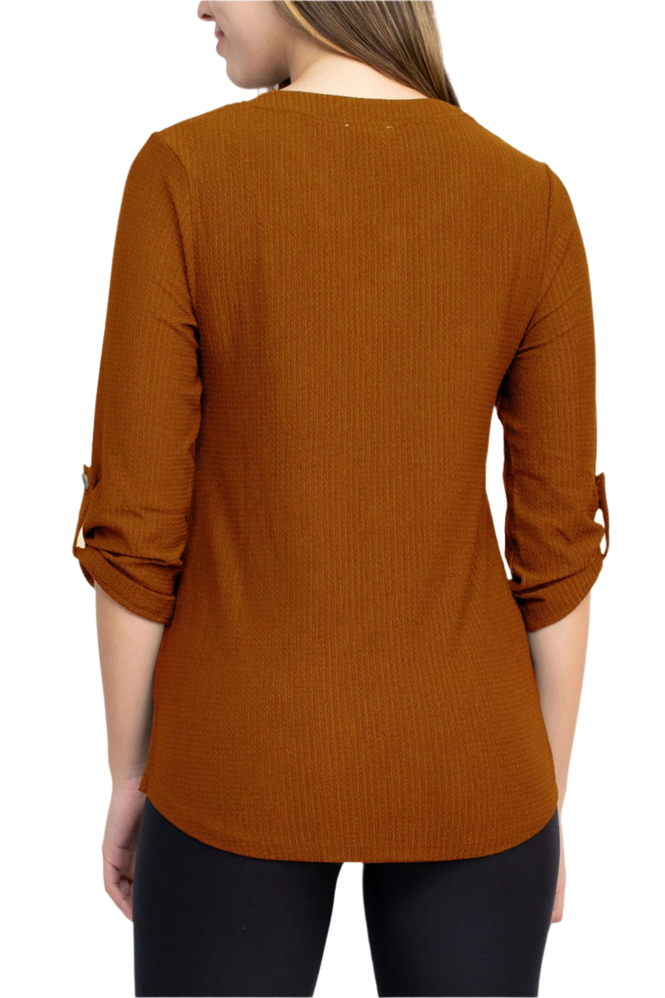 Floral   Ivy Notched Button Down 3/4 Sleeve Solid Knit Top with Front Pocket