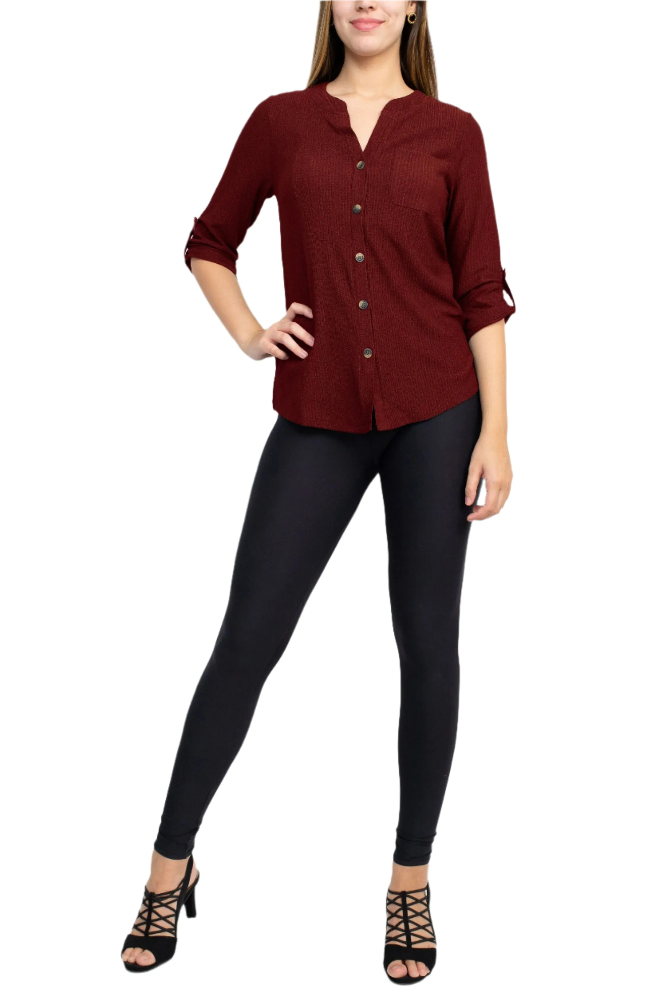 Floral   Ivy Notched Button Down 3/4 Sleeve Solid Knit Top with Front Pocket