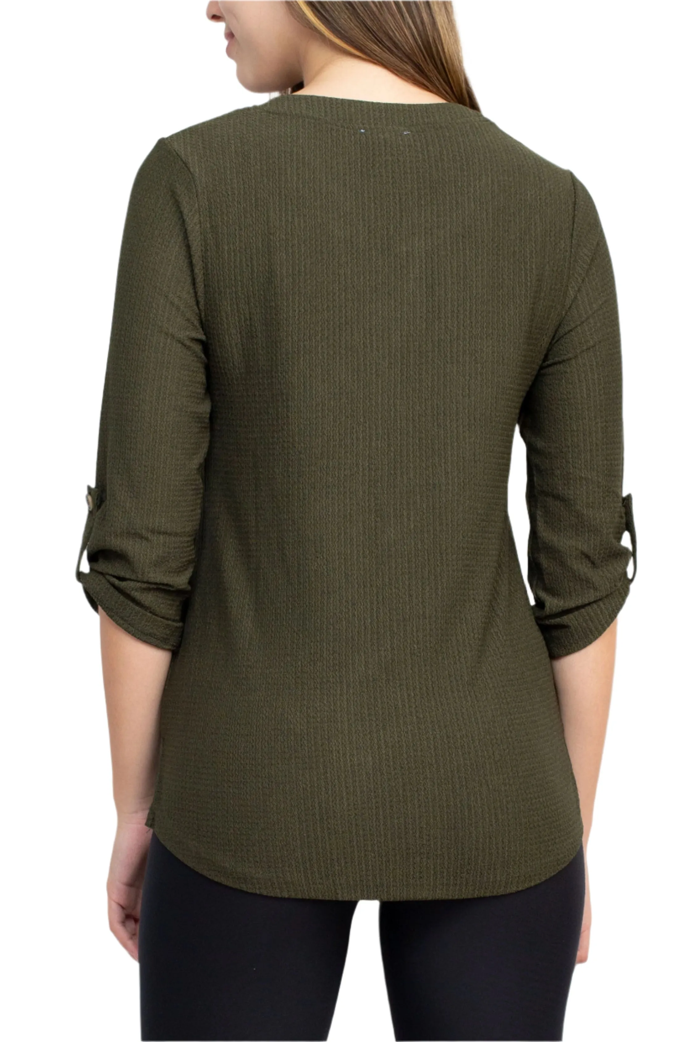 Floral   Ivy Notched Button Down 3/4 Sleeve Solid Knit Top with Front Pocket