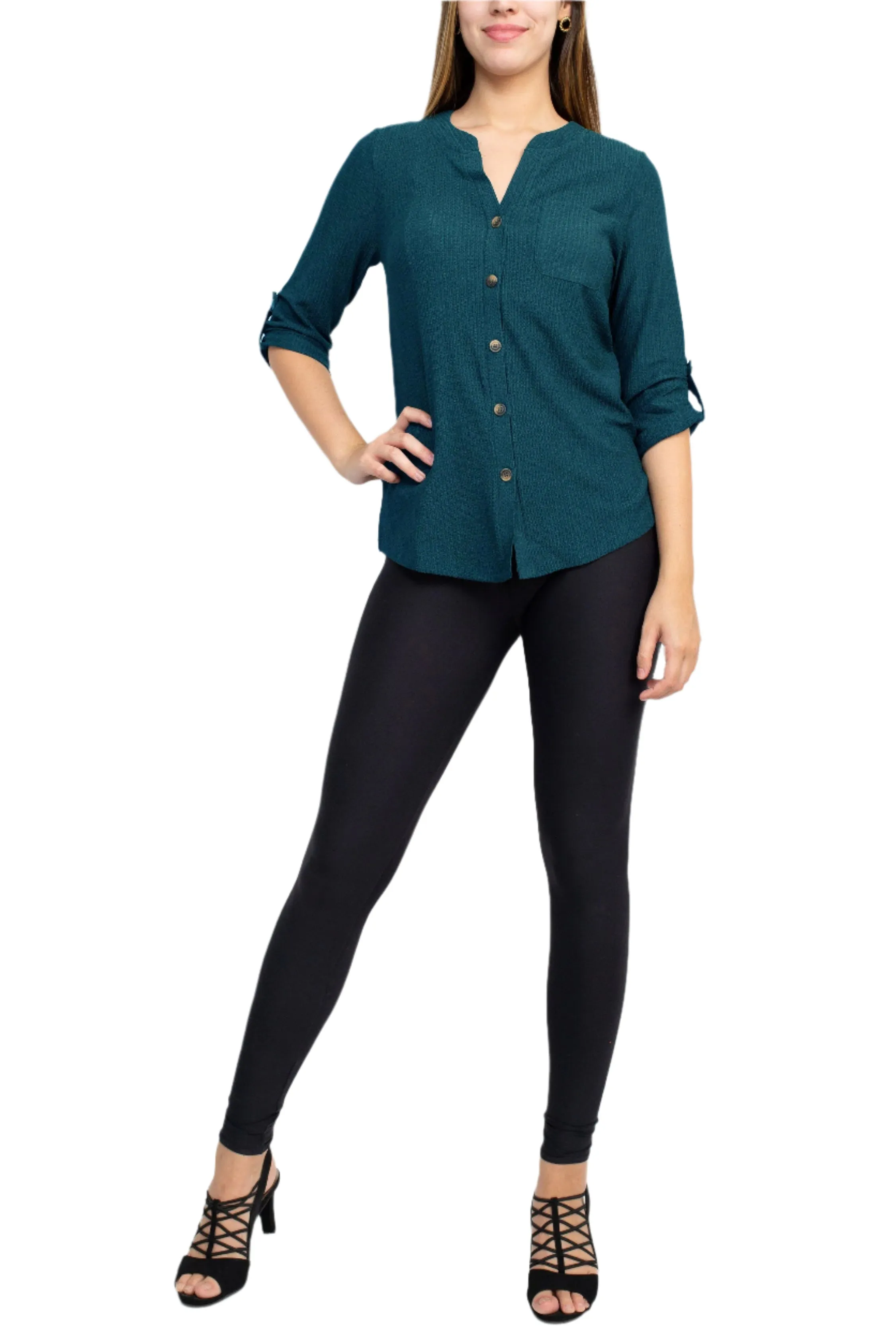 Floral   Ivy Notched Button Down 3/4 Sleeve Solid Knit Top with Front Pocket