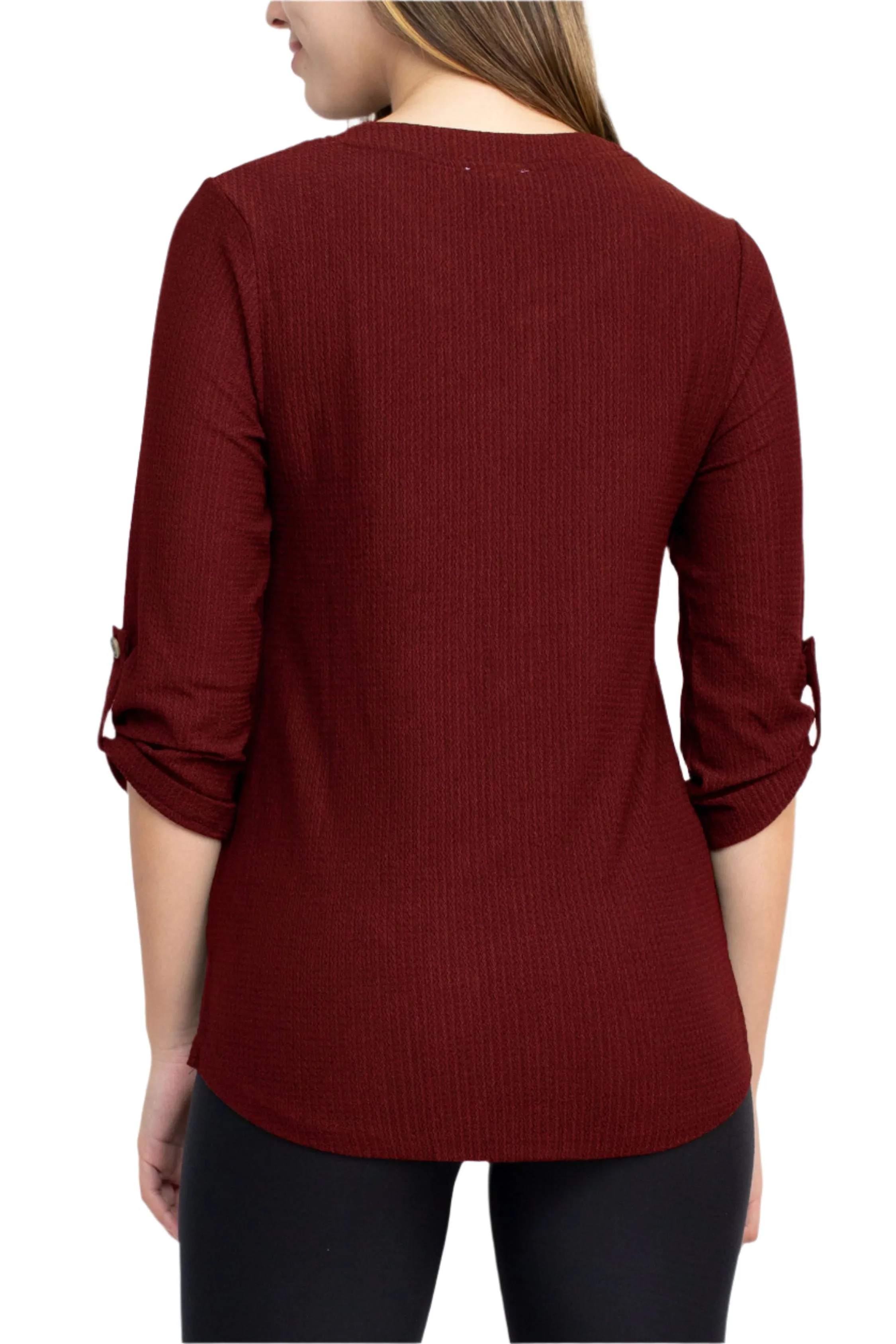 Floral   Ivy Notched Button Down 3/4 Sleeve Solid Knit Top with Front Pocket
