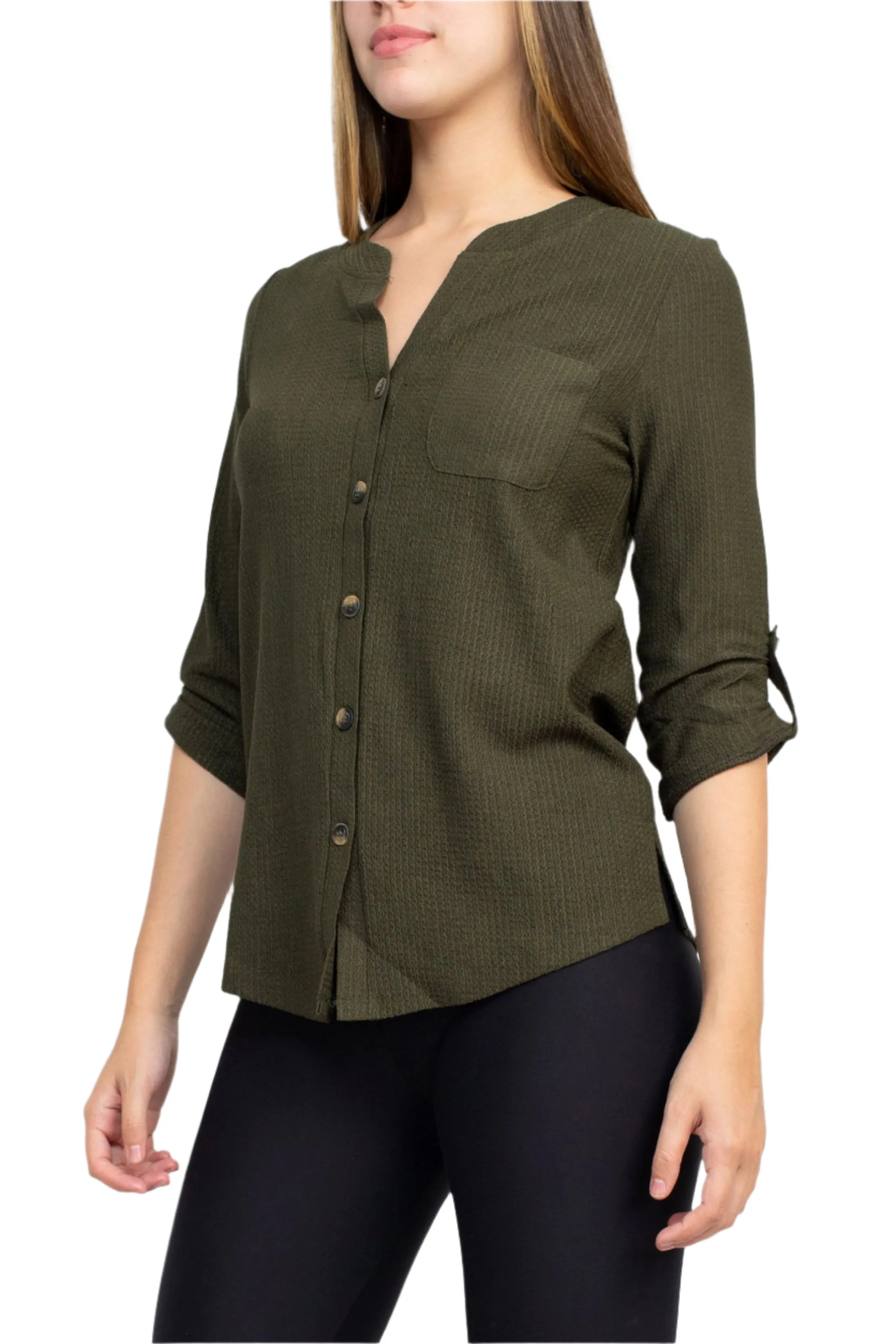 Floral   Ivy Notched Button Down 3/4 Sleeve Solid Knit Top with Front Pocket