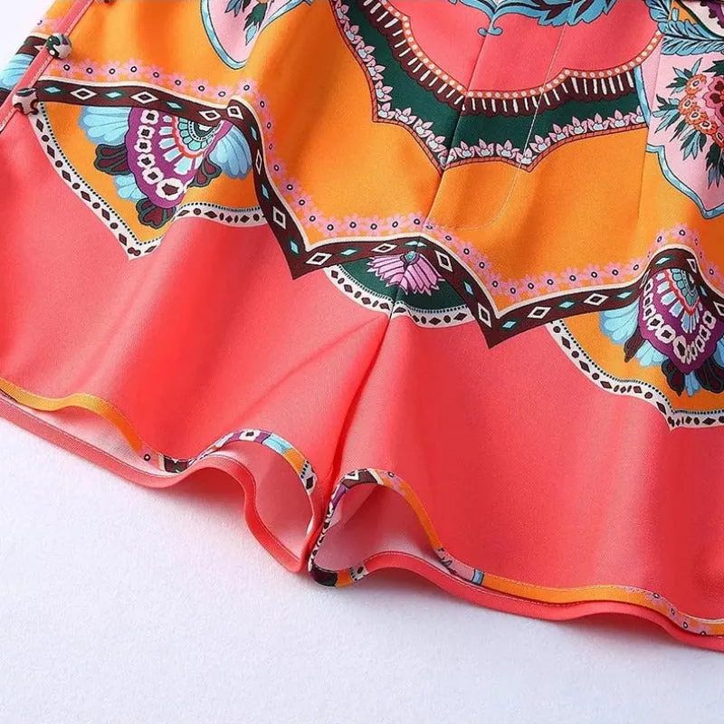 Floral Print Satin Belt Shorts