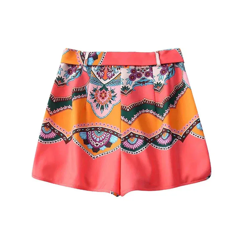 Floral Print Satin Belt Shorts