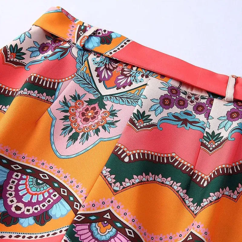 Floral Print Satin Belt Shorts
