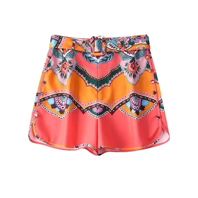 Floral Print Satin Belt Shorts