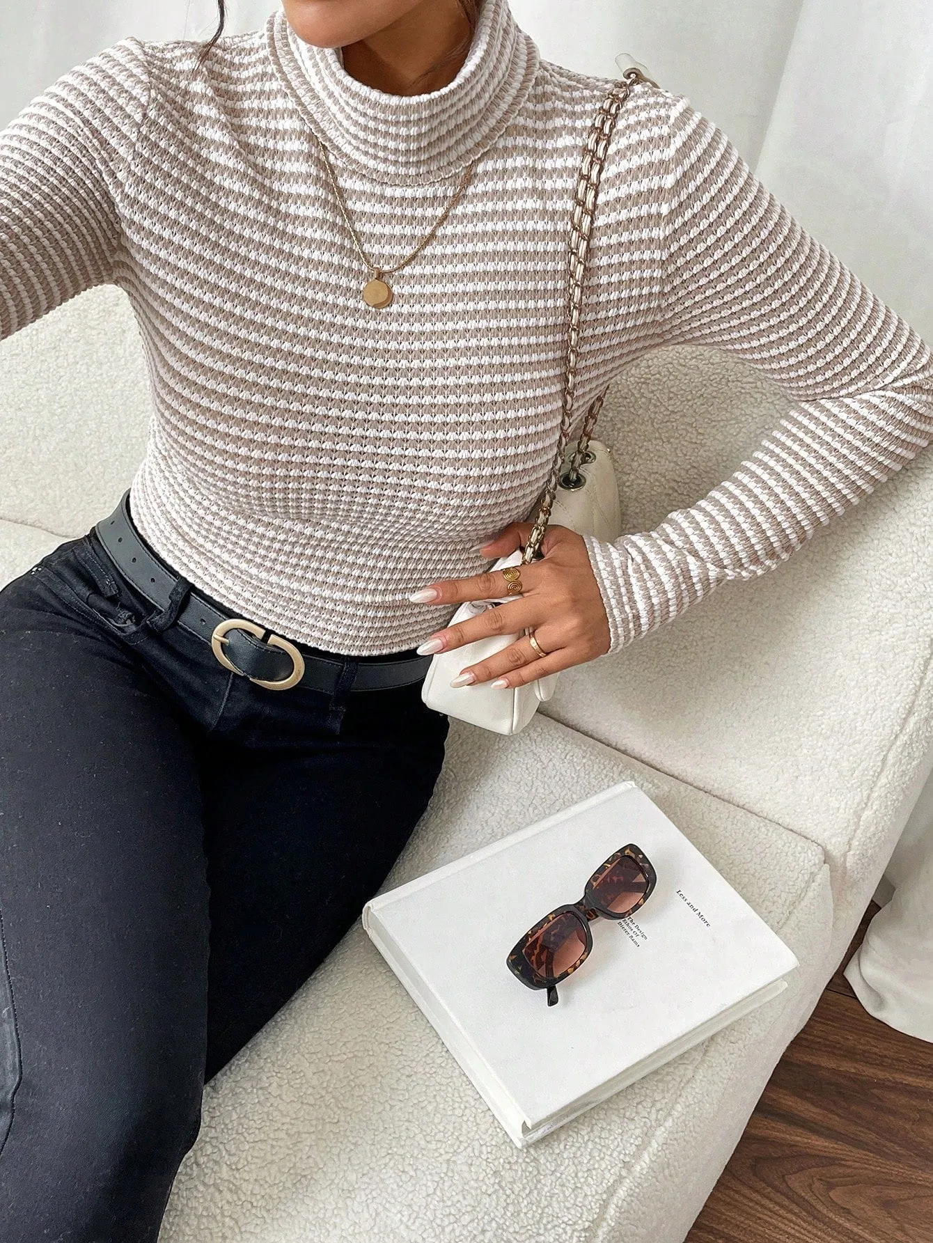 Frenchy Women Striped Turtleneck Long Sleeve Slim Fit T-Shirt