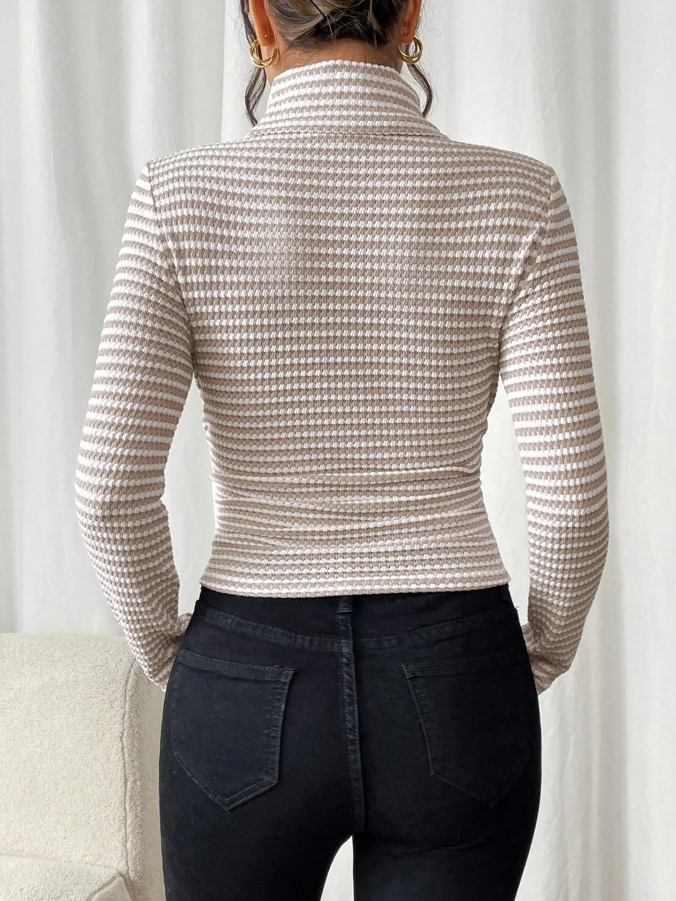 Frenchy Women Striped Turtleneck Long Sleeve Slim Fit T-Shirt