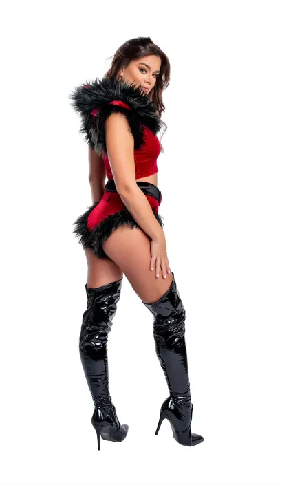 Fur Trimmed Hooded Top - Red and Black CH300