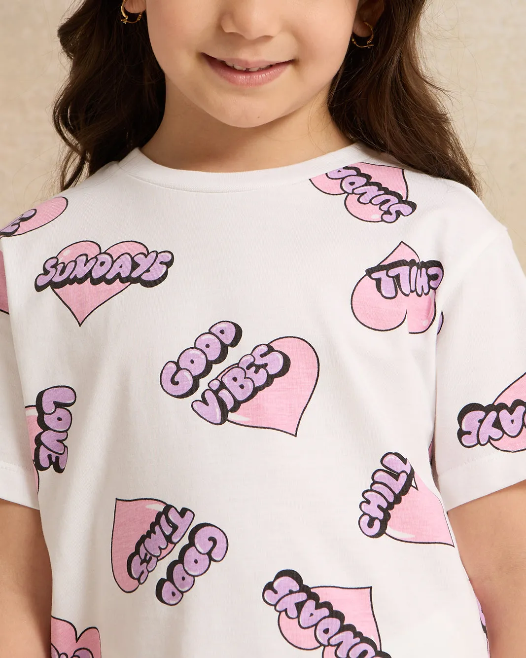 Girls Lilac And White Printed T-Shirt Set (Pack of 2)