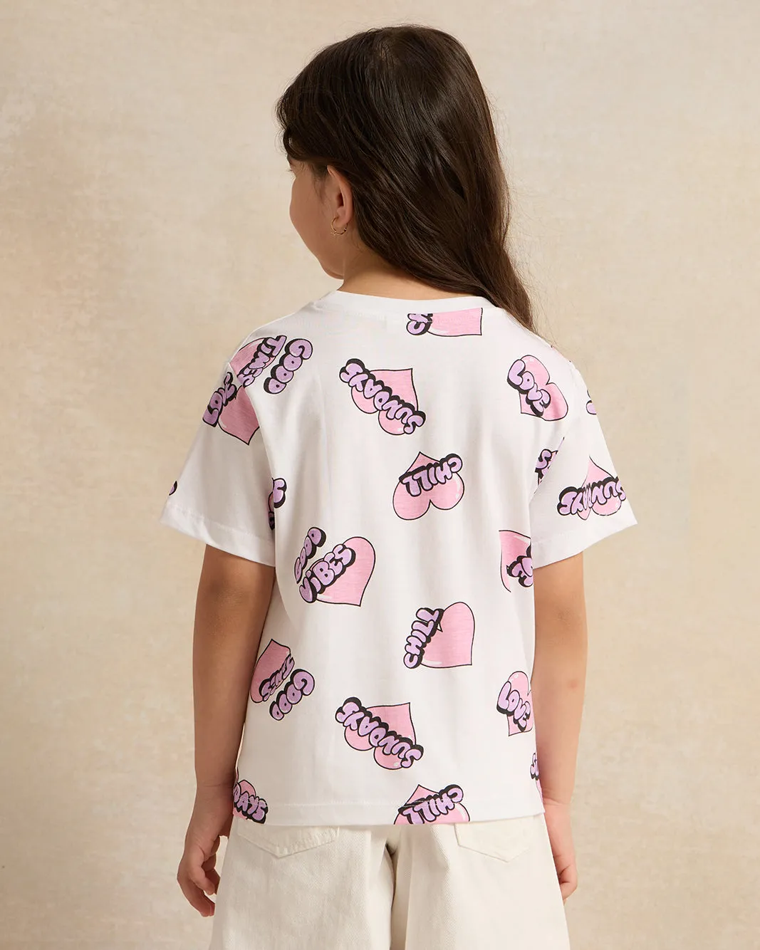Girls Lilac And White Printed T-Shirt Set (Pack of 2)