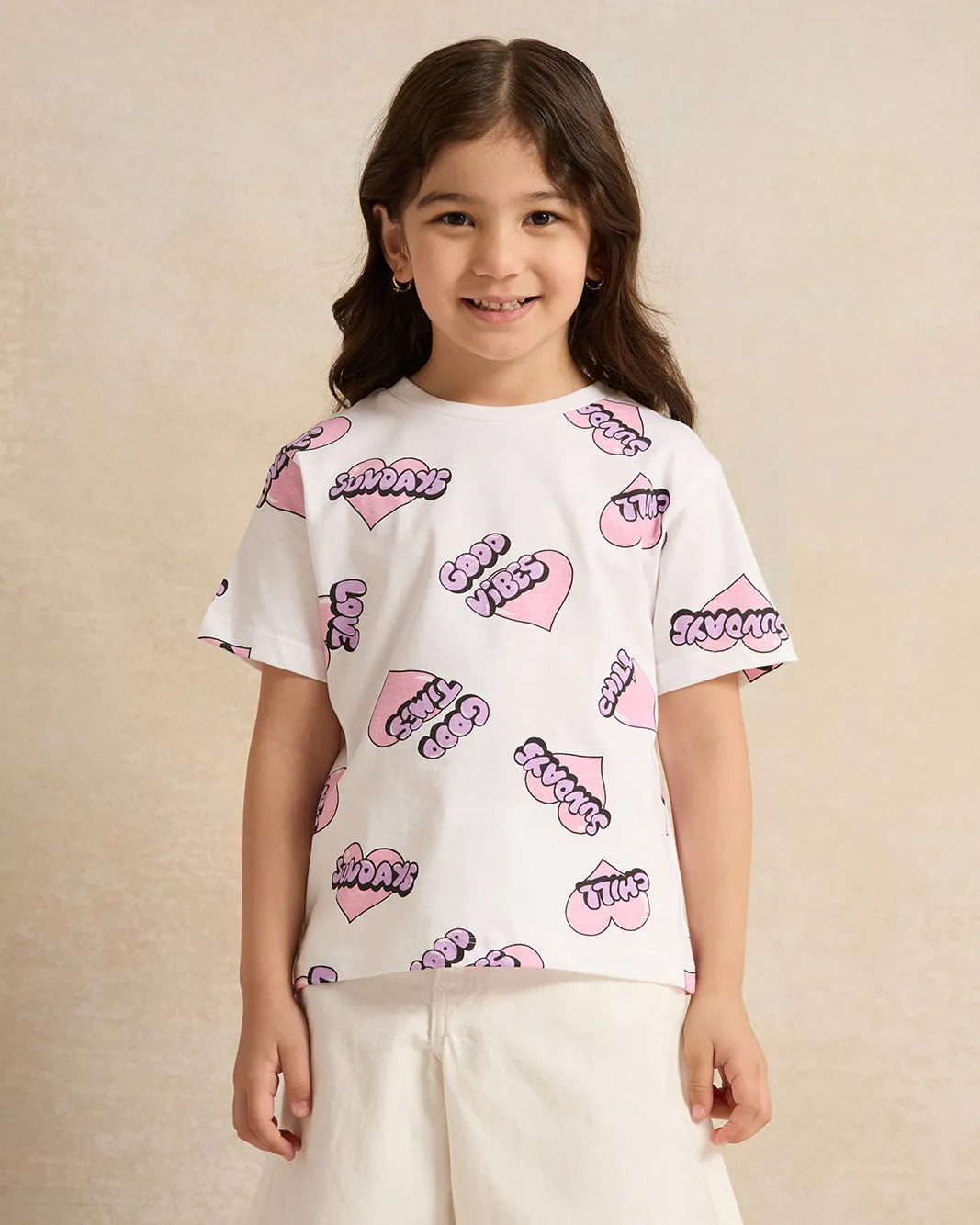 Girls Lilac And White Printed T-Shirt Set (Pack of 2)
