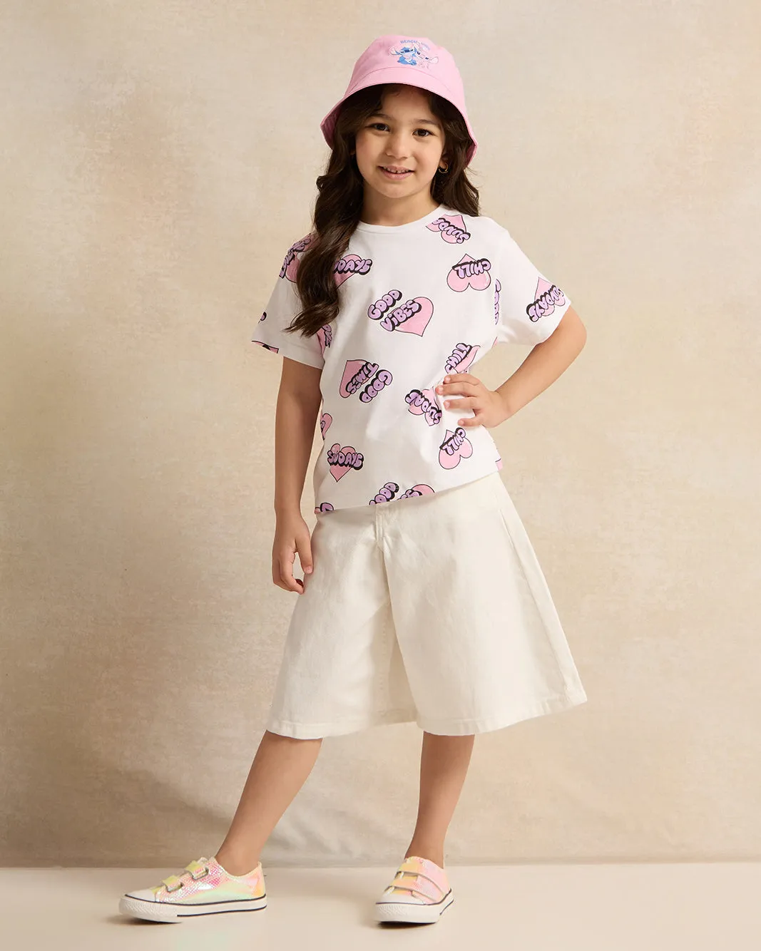 Girls Lilac And White Printed T-Shirt Set (Pack of 2)