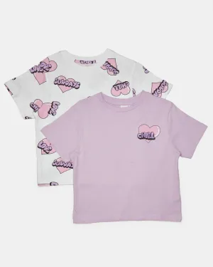 Girls Lilac And White Printed T-Shirt Set (Pack of 2)