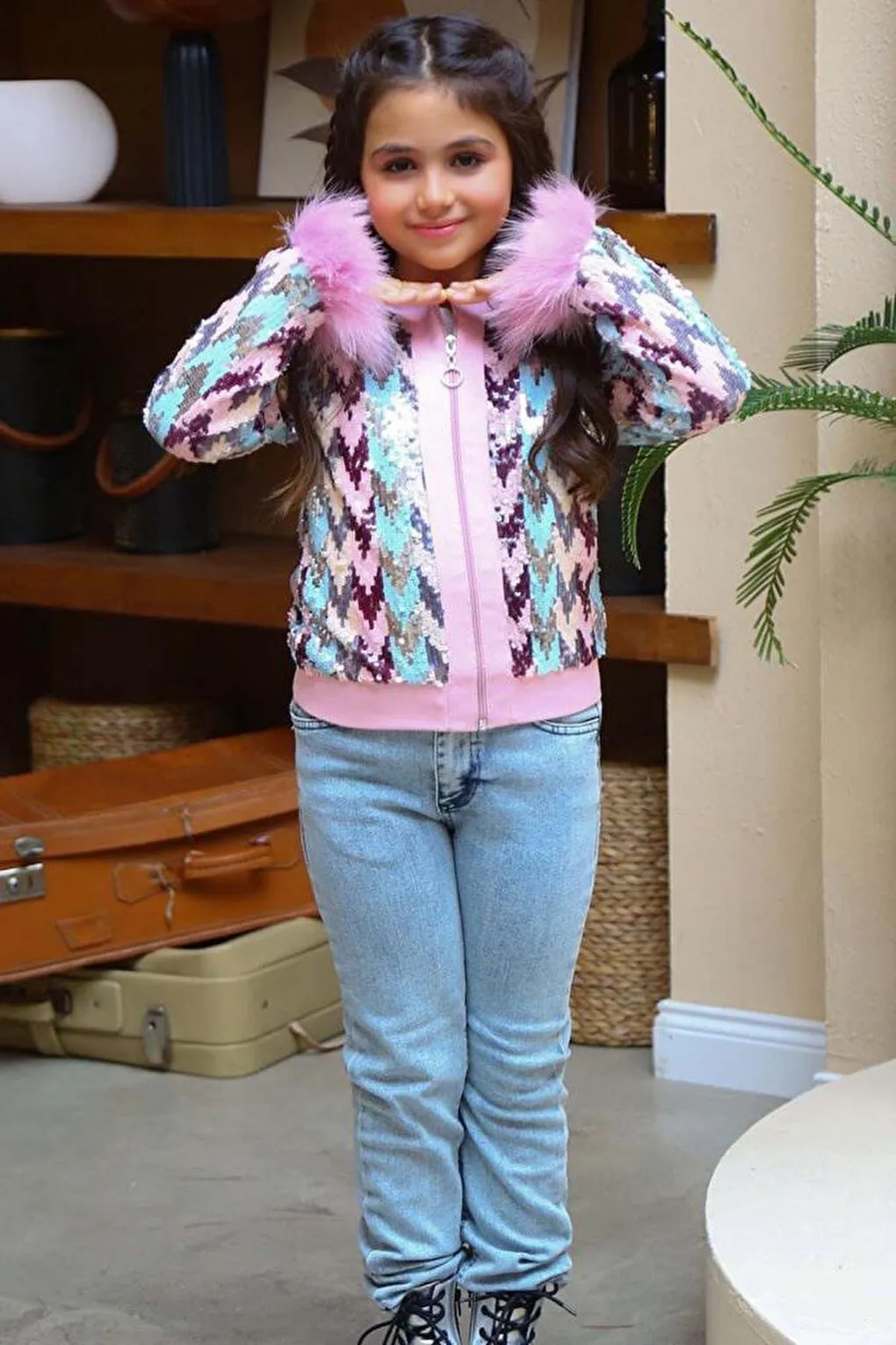 Girl's Sequin and Feather Detailed Jacket with Denim Trousers, Pink Top and Bottom Set
