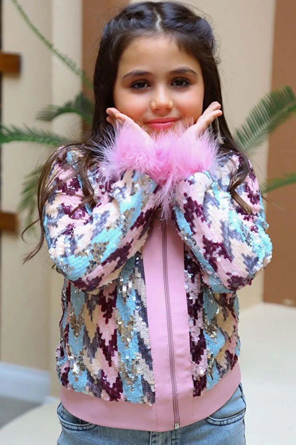 Girl's Sequin and Feather Detailed Jacket with Denim Trousers, Pink Top and Bottom Set