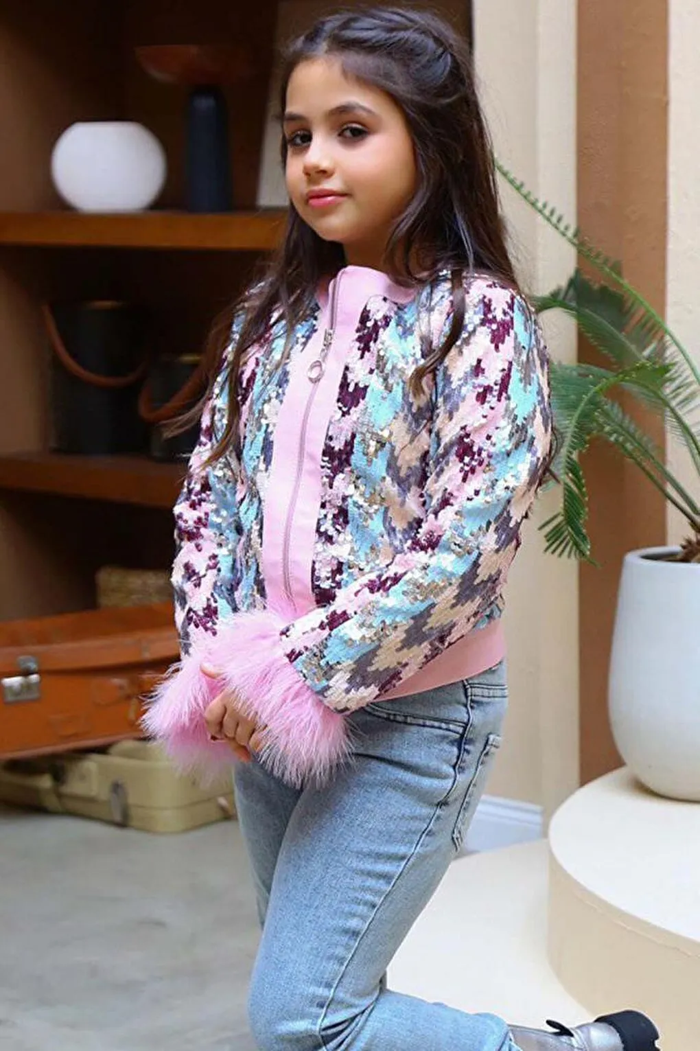 Girl's Sequin and Feather Detailed Jacket with Denim Trousers, Pink Top and Bottom Set