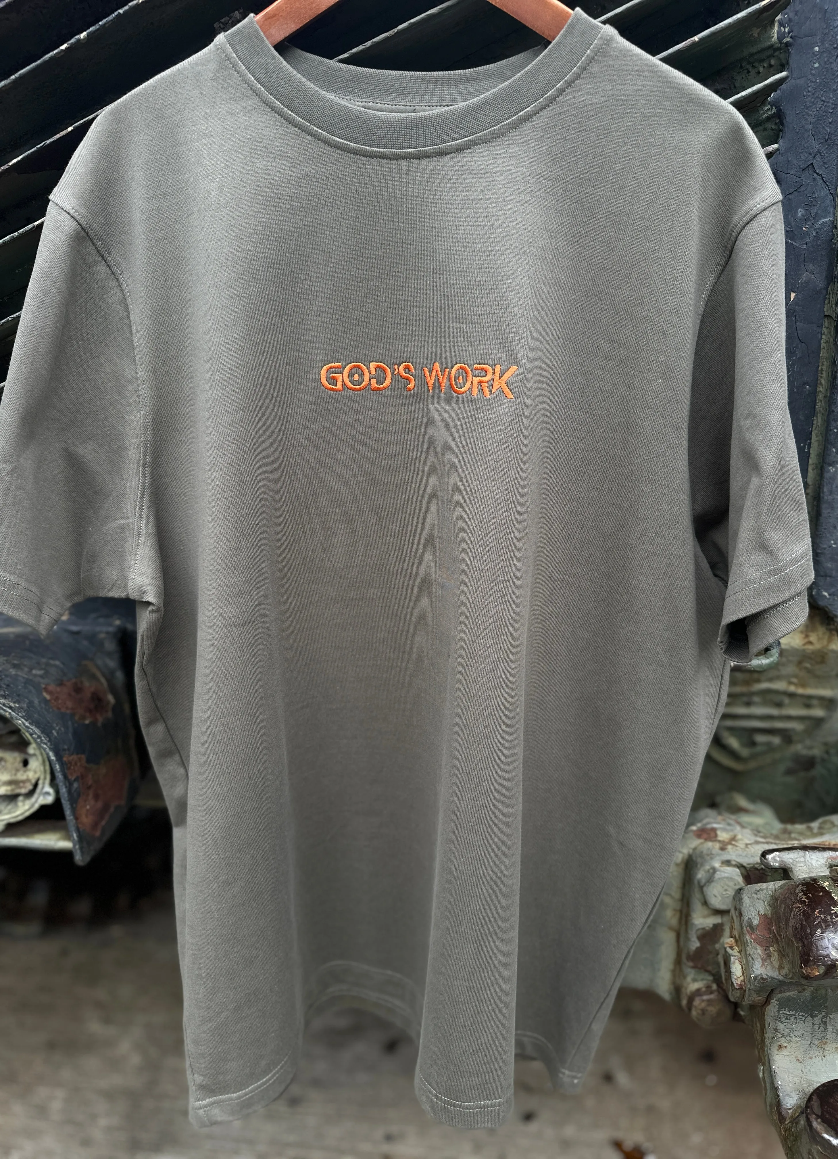 God's Work- (embroidered) Premium Heavyweight T-shirt (olive/orange)