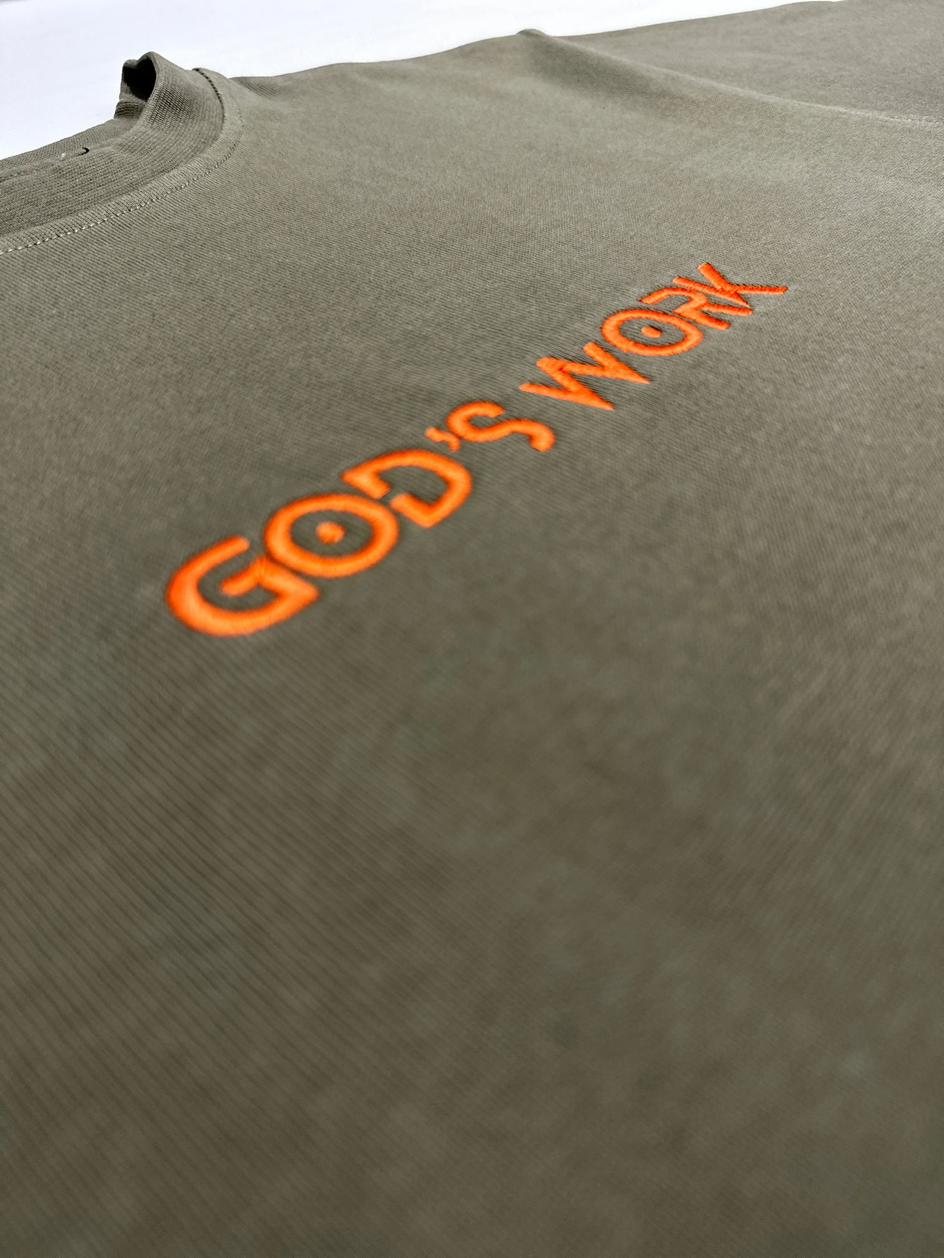 God's Work- (embroidered) Premium Heavyweight T-shirt (olive/orange)