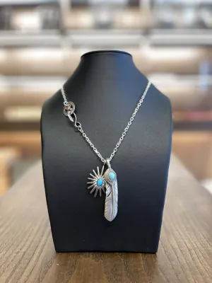 Goros Silver Top Silver Rope Turquoise Feather With Sea Urchin With Turquoise Pendant