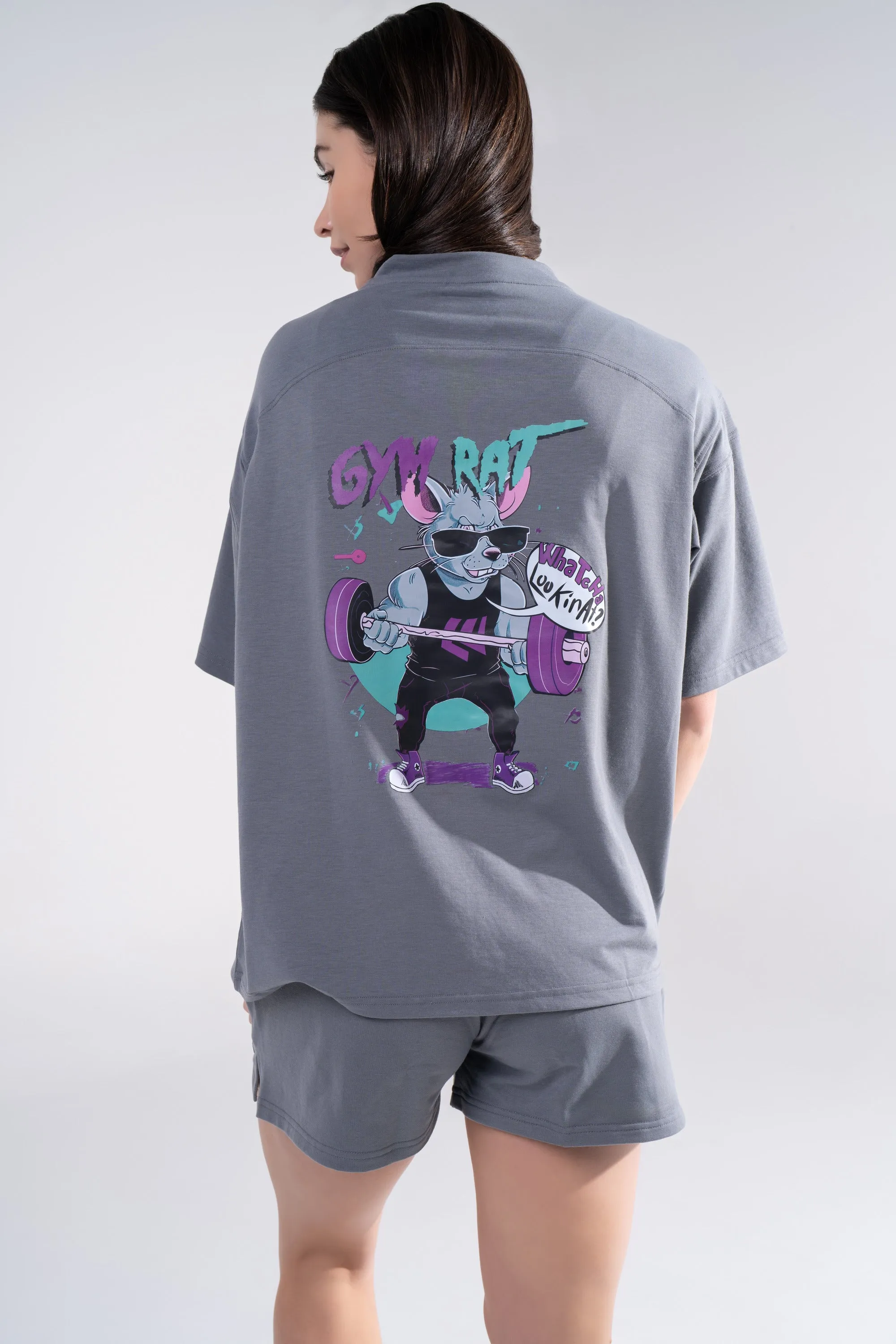 Graphic Oversized Tee - Gym Rat - Black
