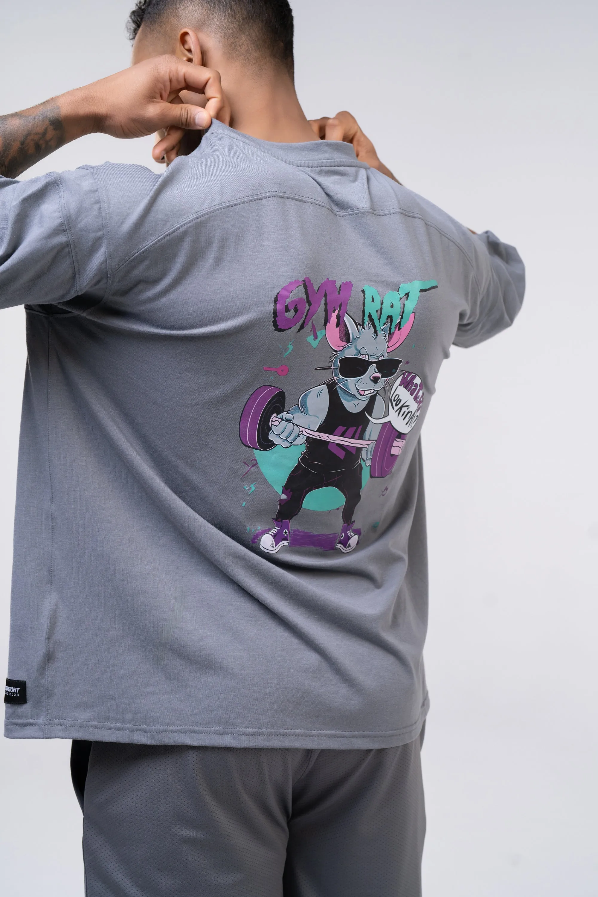 Graphic Oversized Tee - Gym Rat - Glacier Grey