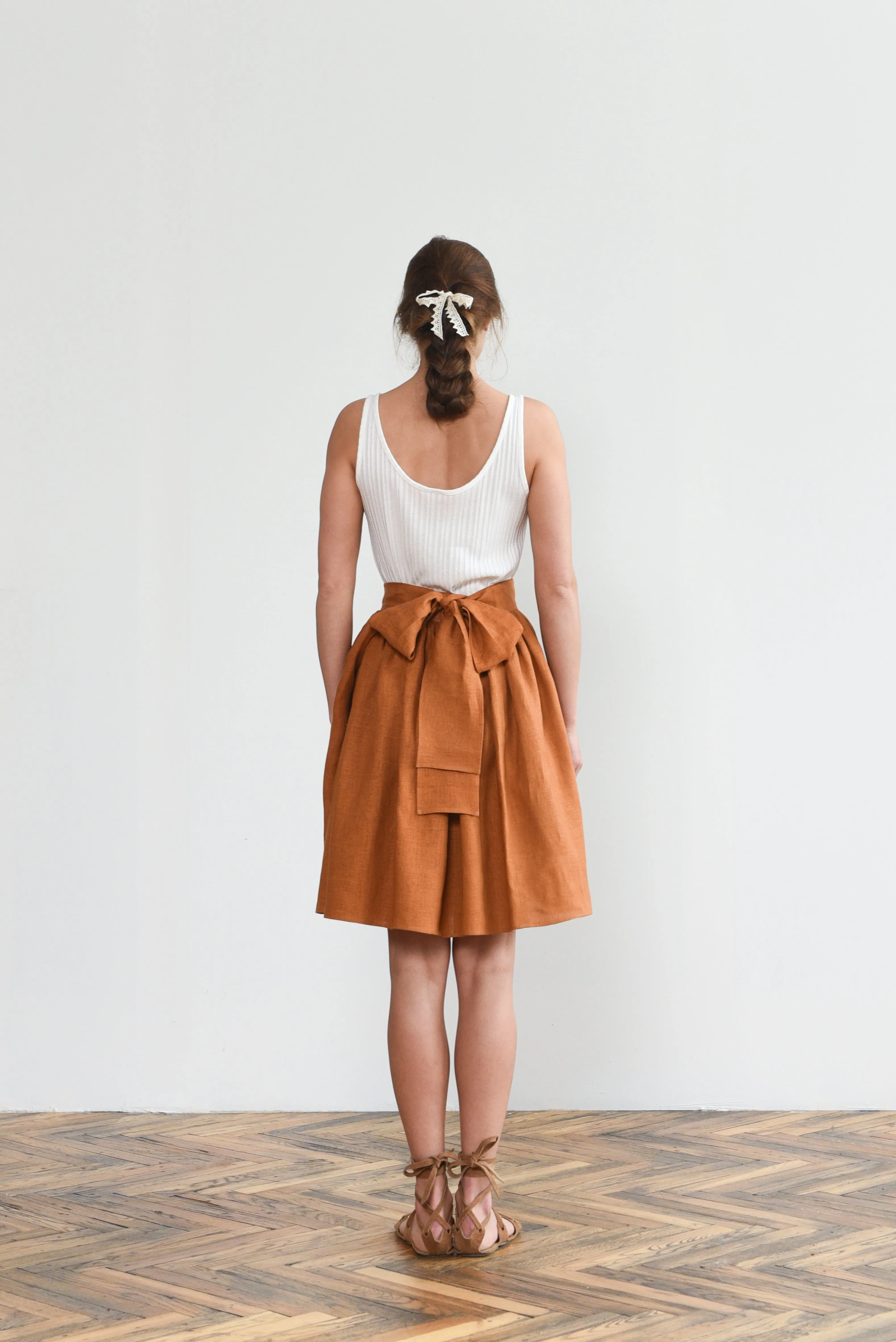 Grethel Tie-Wrap Linen Skirt with Pockets in Orange/Rust