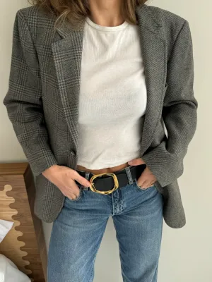 Grey and blue solid and plaid contrasted blazer