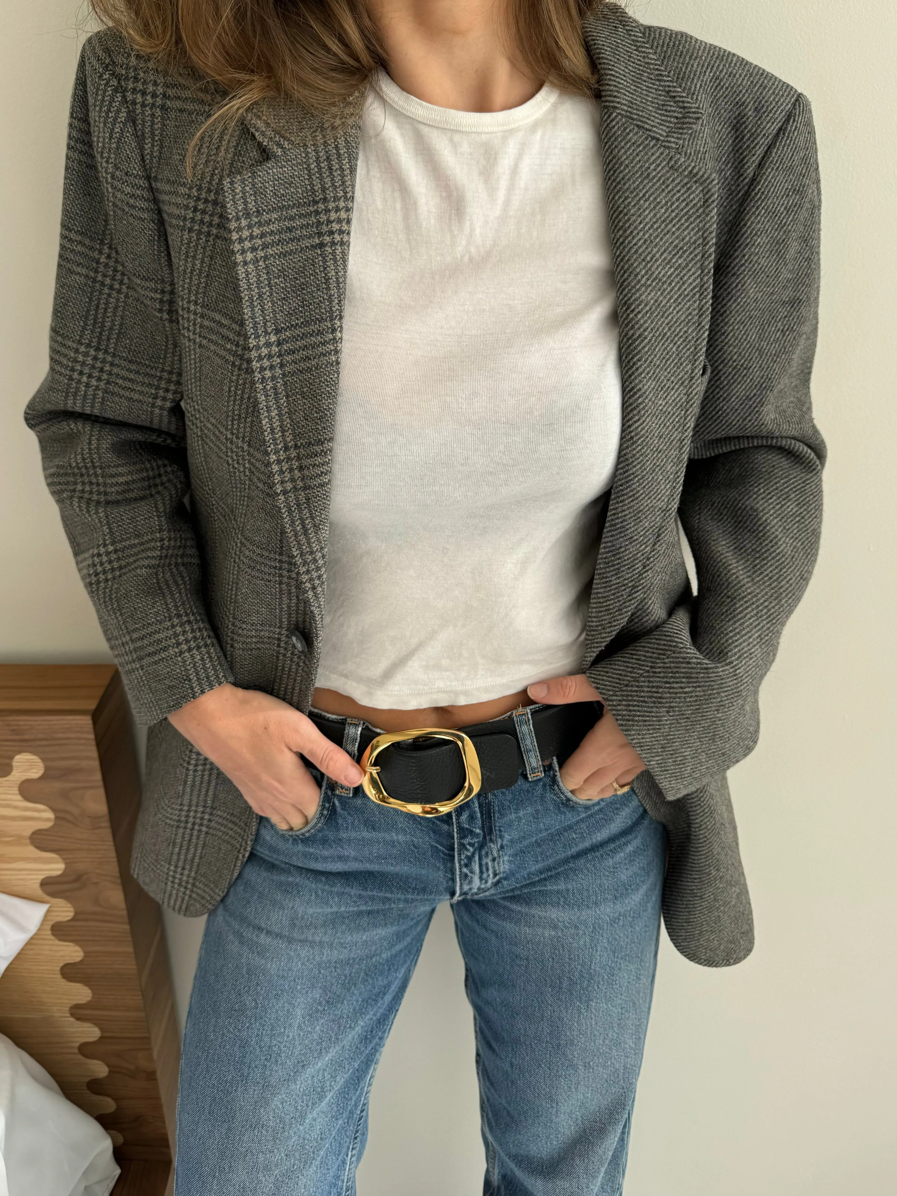 Grey and blue solid and plaid contrasted blazer