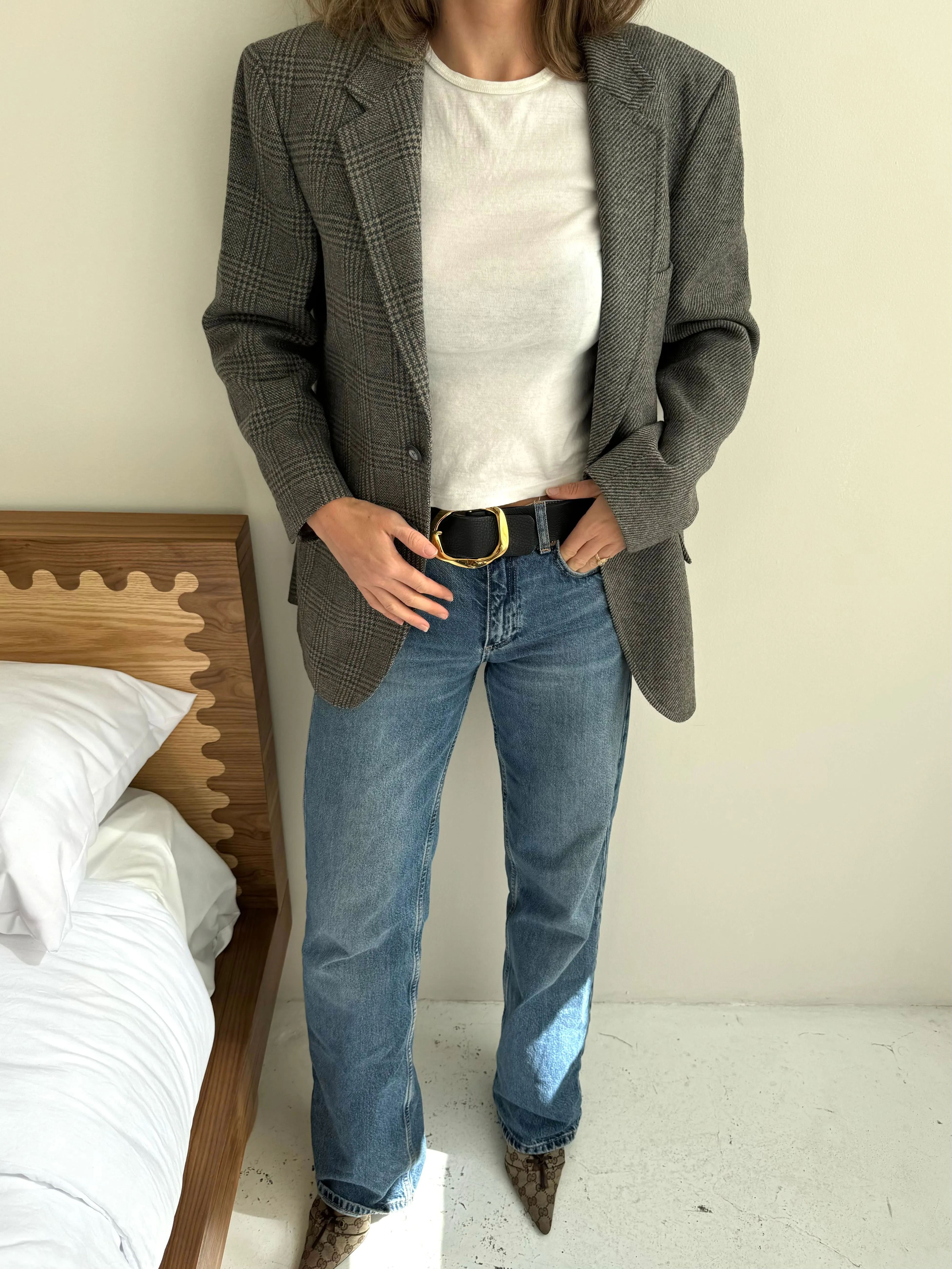 Grey and blue solid and plaid contrasted blazer
