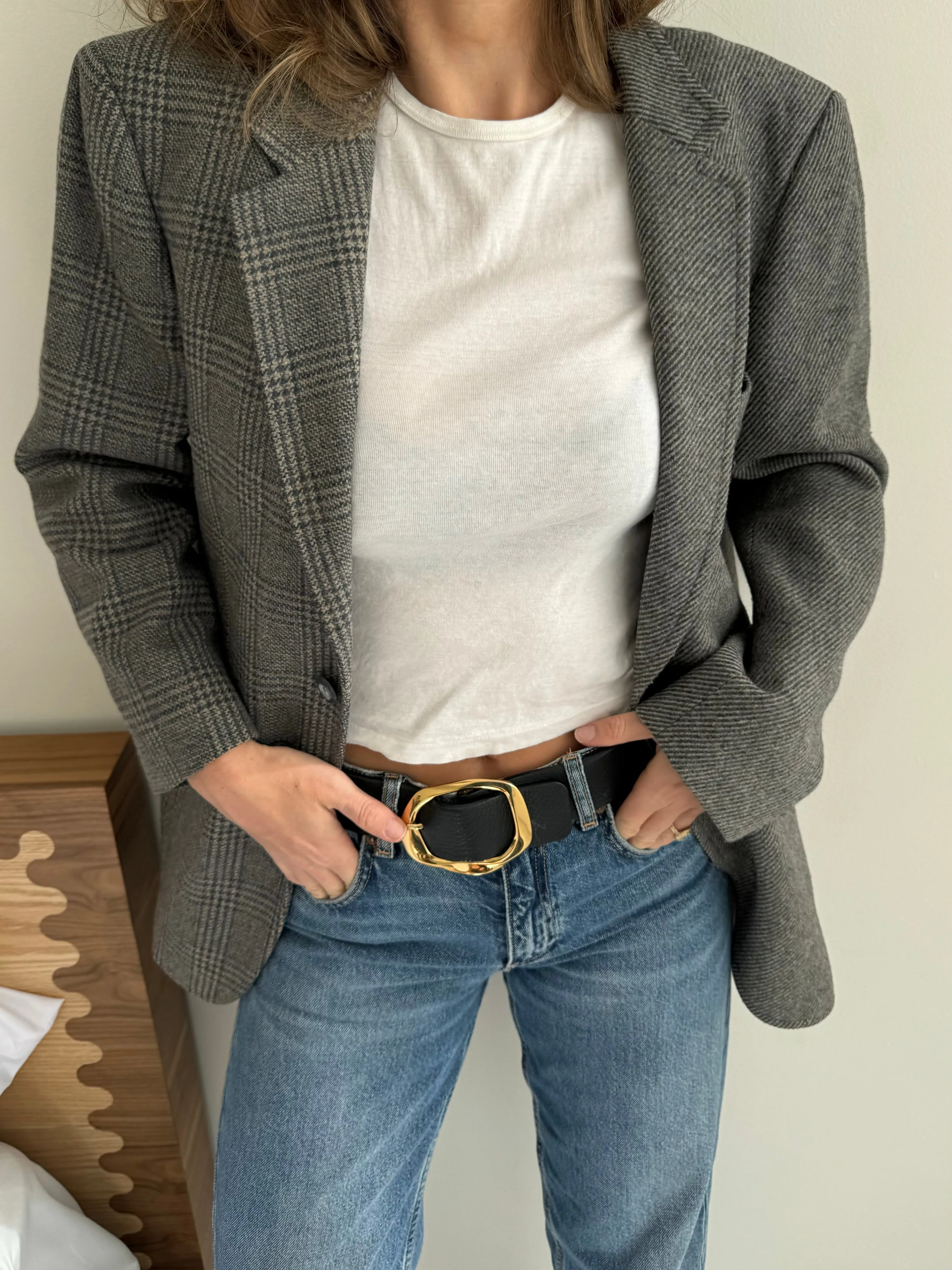 Grey and blue solid and plaid contrasted blazer